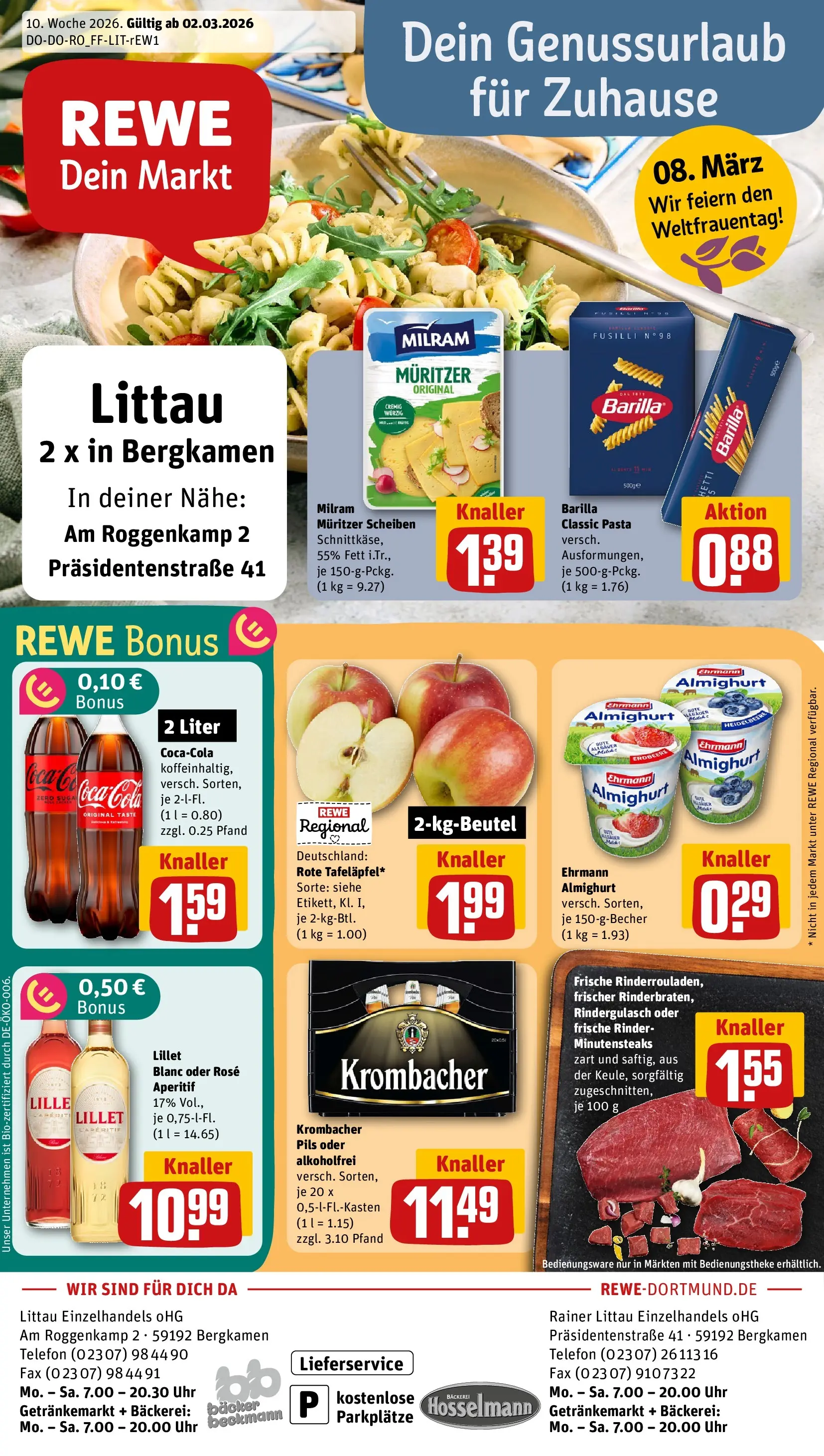 REWE Prospekt ab 02.03.2026 zum Blättern » Angebote | Seite: 1 | Produkte: Rindergulasch, Bäckerei, Cola, Barilla