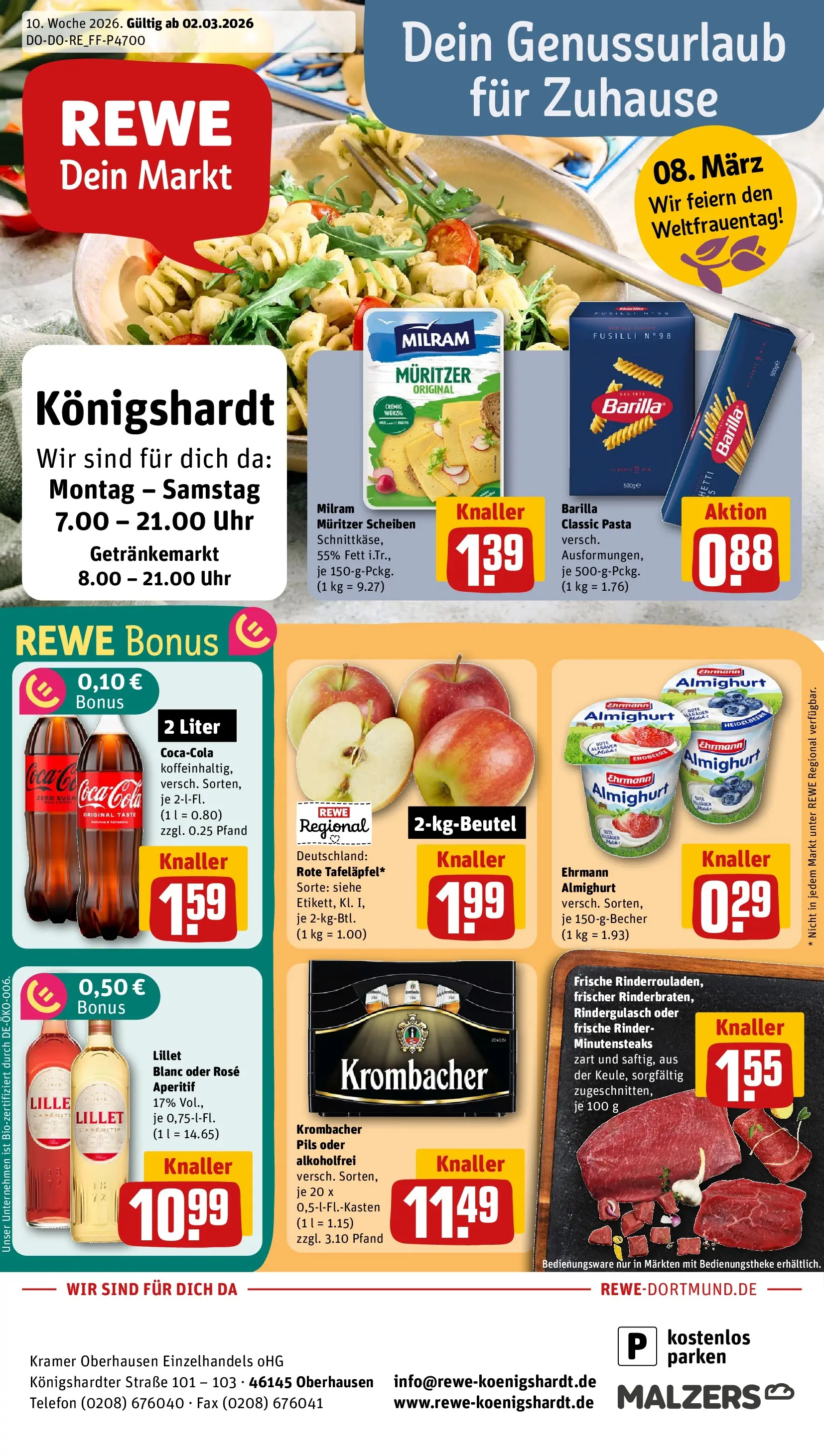 REWE Prospekt ab 02.03.2026 zum Blättern » Angebote | Seite: 1 | Produkte: Pils, Lillet, Krombacher, Pasta