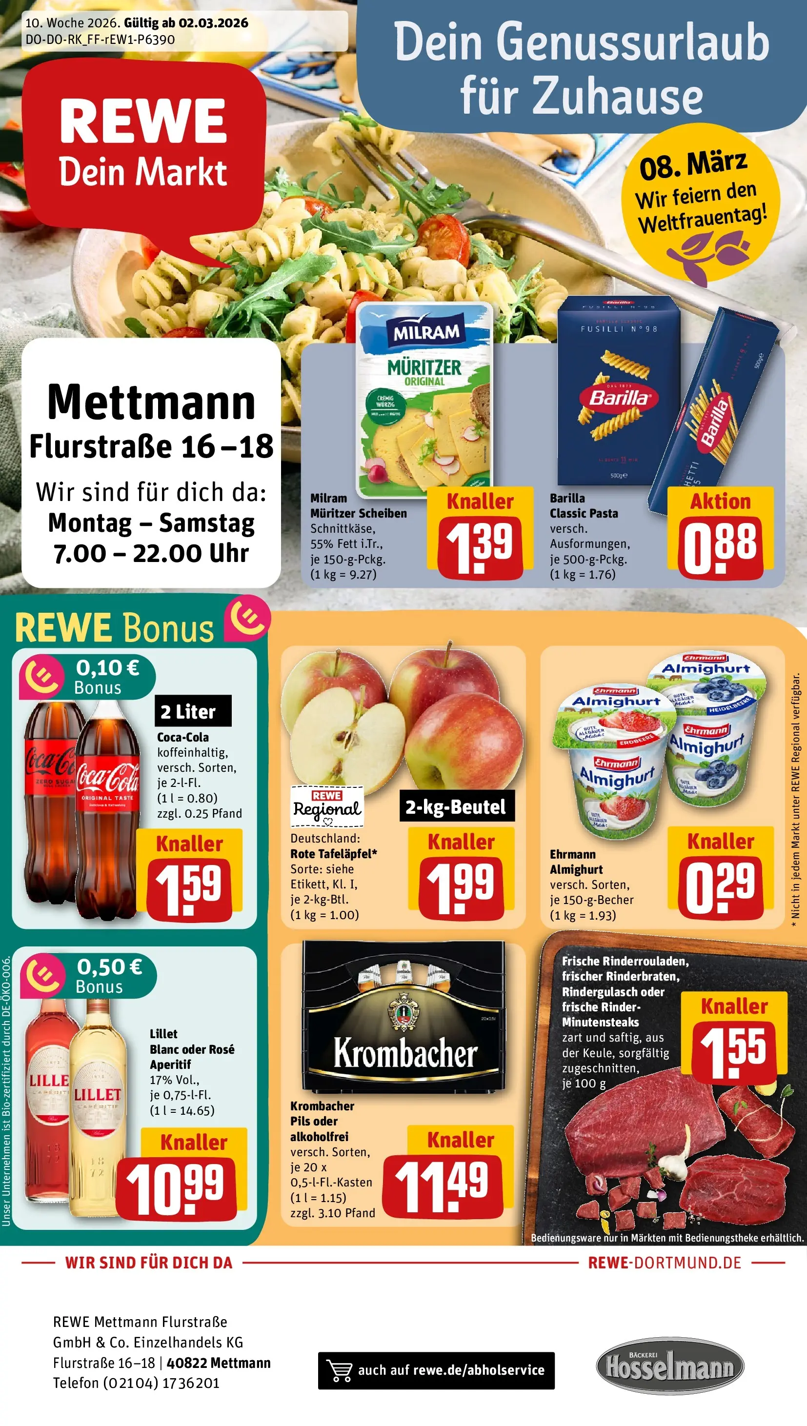 REWE Prospekt ab 02.03.2026 zum Blättern » Angebote | Seite: 1 | Produkte: Rindergulasch, Barilla, Pasta, Telefon