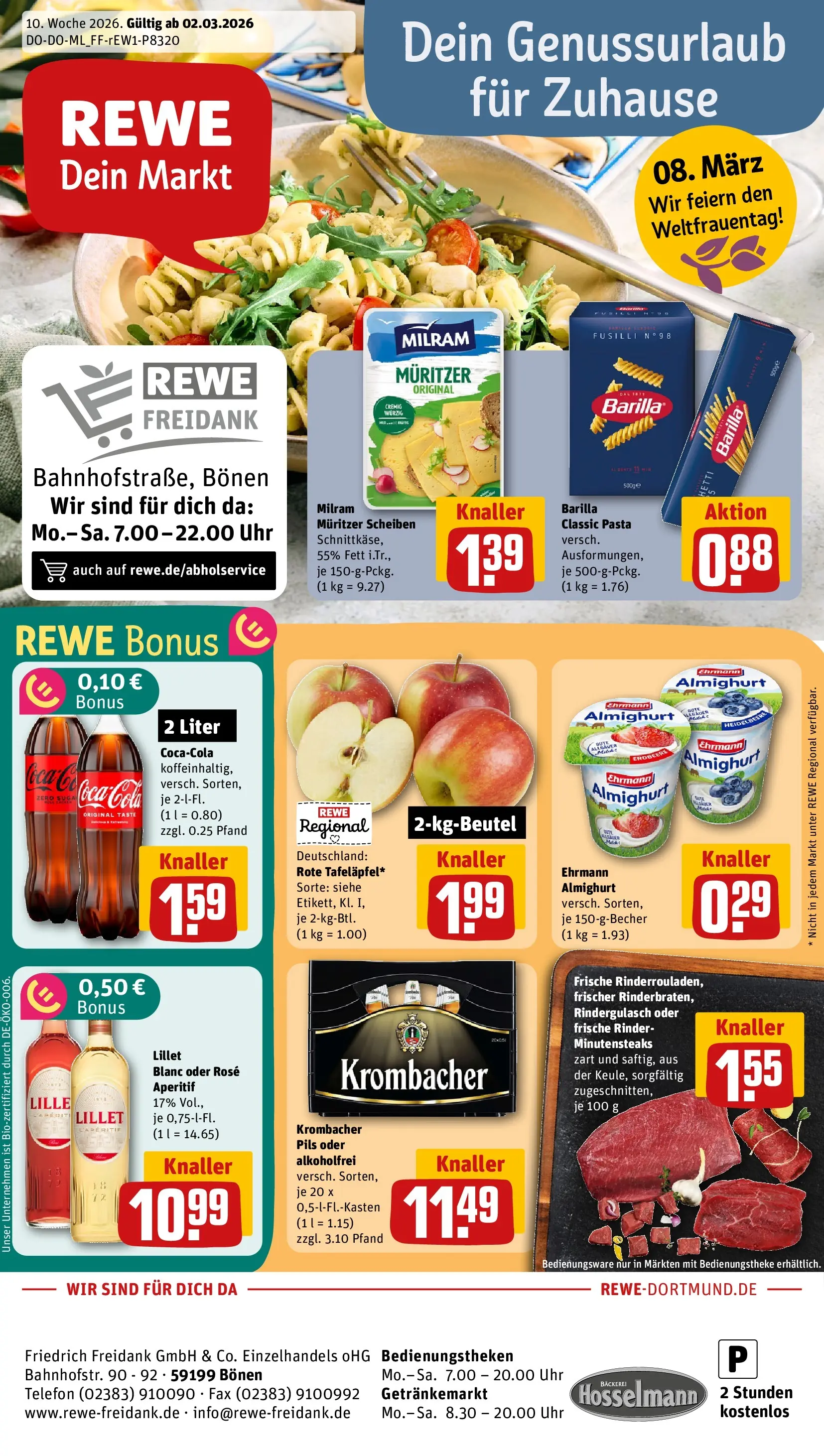 REWE Prospekt ab 02.03.2026 zum Blättern » Angebote | Seite: 1 | Produkte: Rindergulasch, Bäckerei, Pils, Lillet