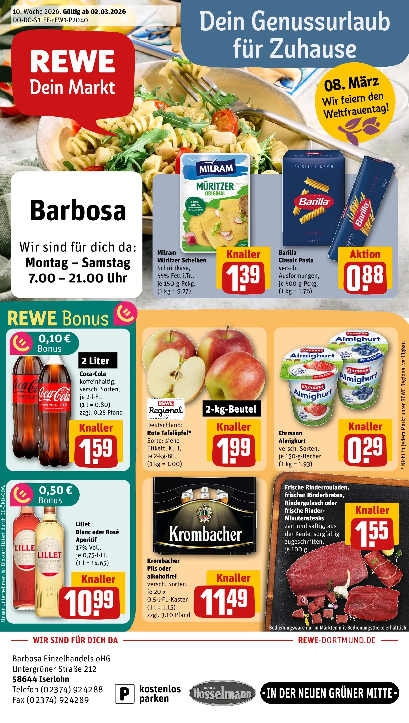 REWE Prospekt ab 02.03.2026 zum Blättern » Angebote | Seite: 1 | Produkte: Rindergulasch, Cola, Lillet, Uhr