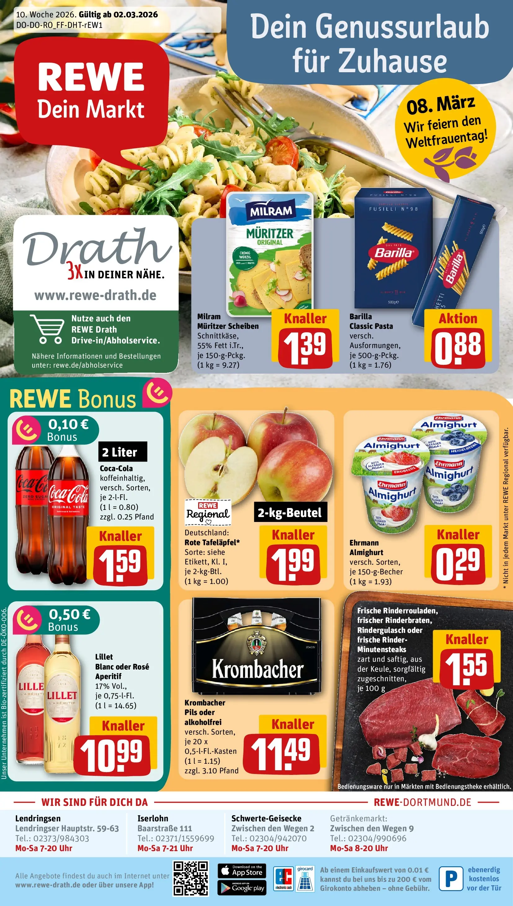 REWE Prospekt ab 02.03.2026 zum Blättern » Angebote | Seite: 1 | Produkte: Ehrmann almighurt, Cola, Tür, Krombacher
