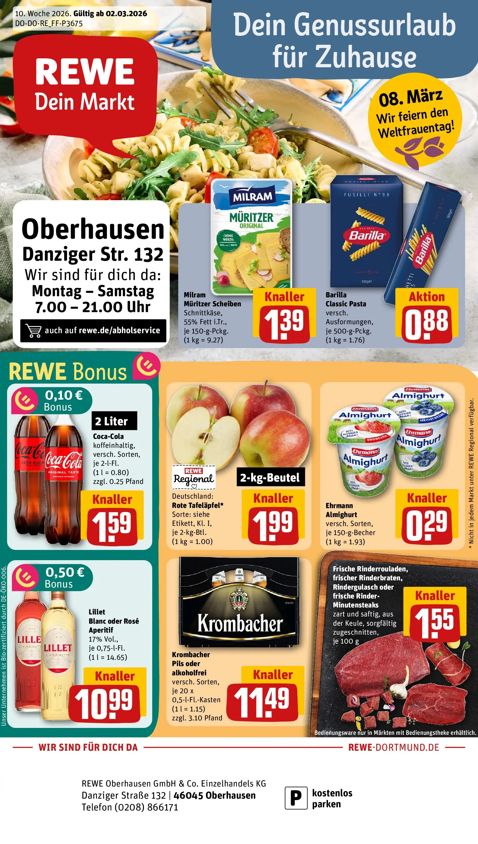 REWE Prospekt ab 02.03.2026 zum Blättern » Angebote | Seite: 1 | Produkte: Ehrmann almighurt, Lillet, Milram, Pasta