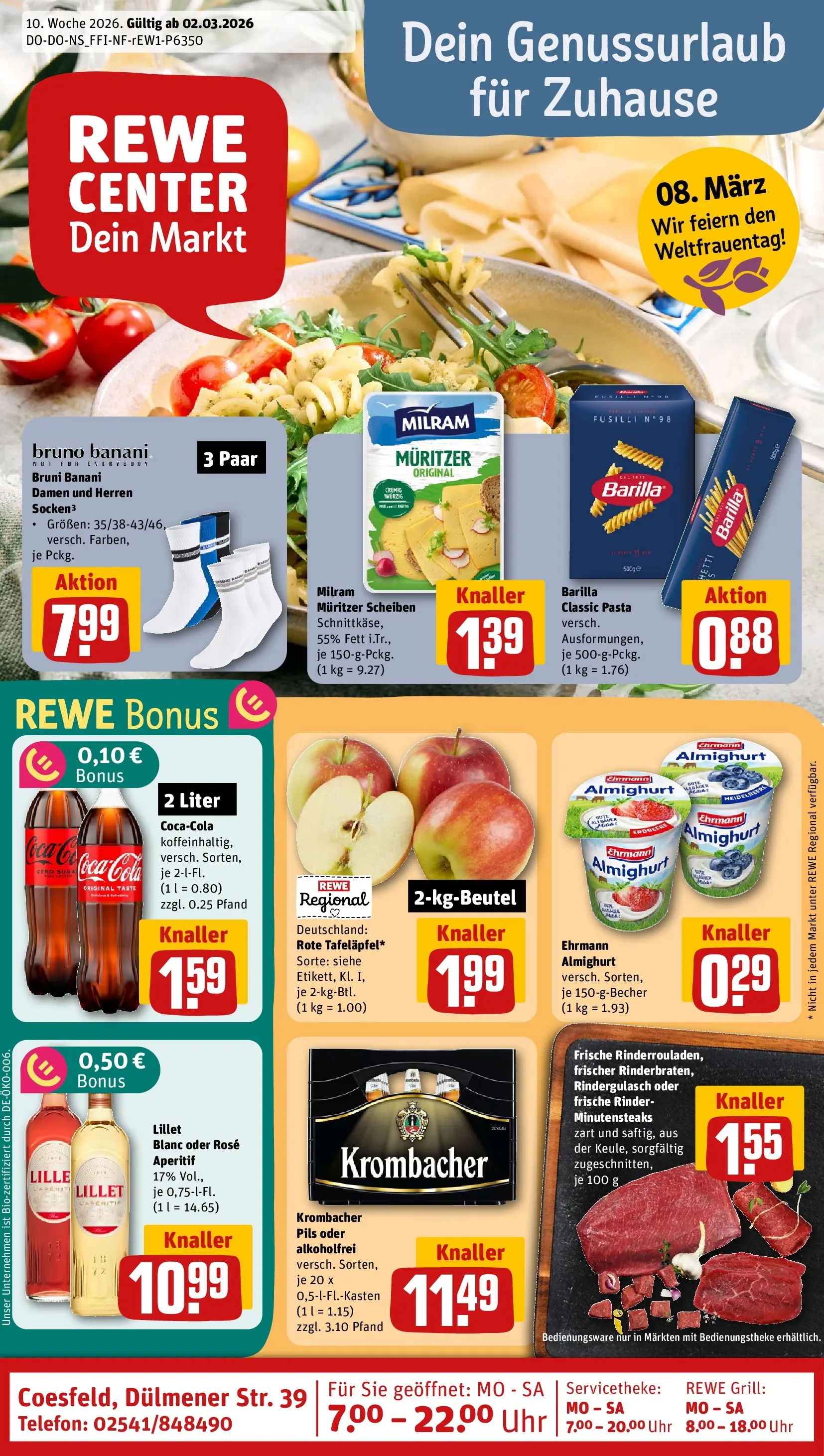 REWE Prospekt ab 02.03.2026 zum Blättern » Angebote | Seite: 1 | Produkte: Grill, Barilla, Pils, Milram