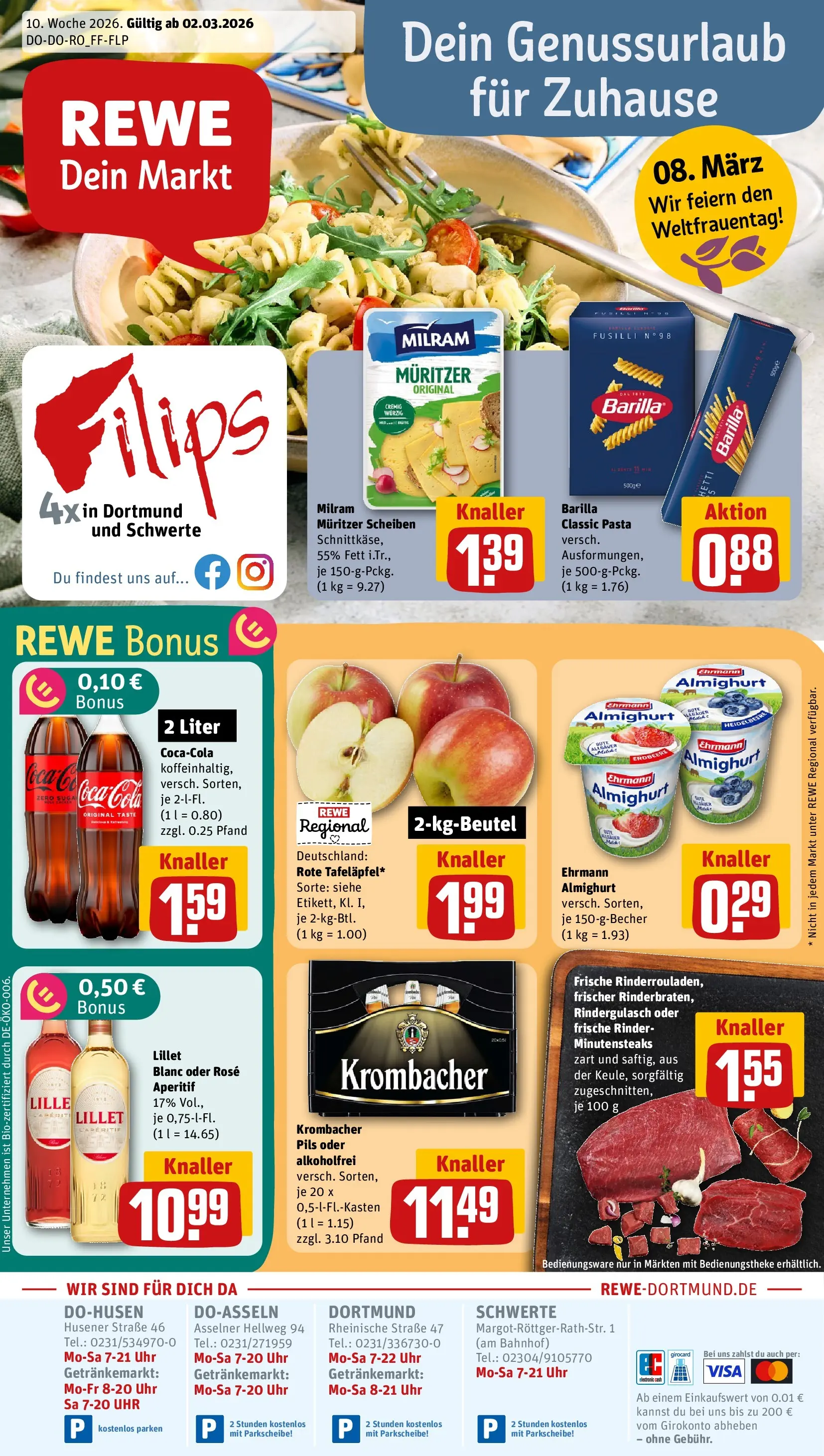 REWE Prospekt ab 02.03.2026 zum Blättern » Angebote | Seite: 1 | Produkte: Rindergulasch, Barilla, Lillet, Pasta