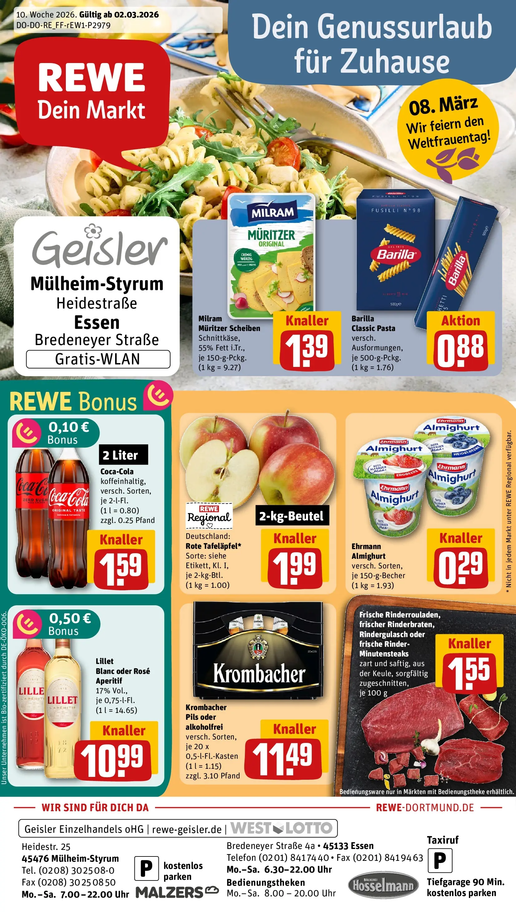 REWE Prospekt ab 02.03.2026 zum Blättern » Angebote | Seite: 1 | Produkte: Rindergulasch, Barilla, Pasta, Uhr