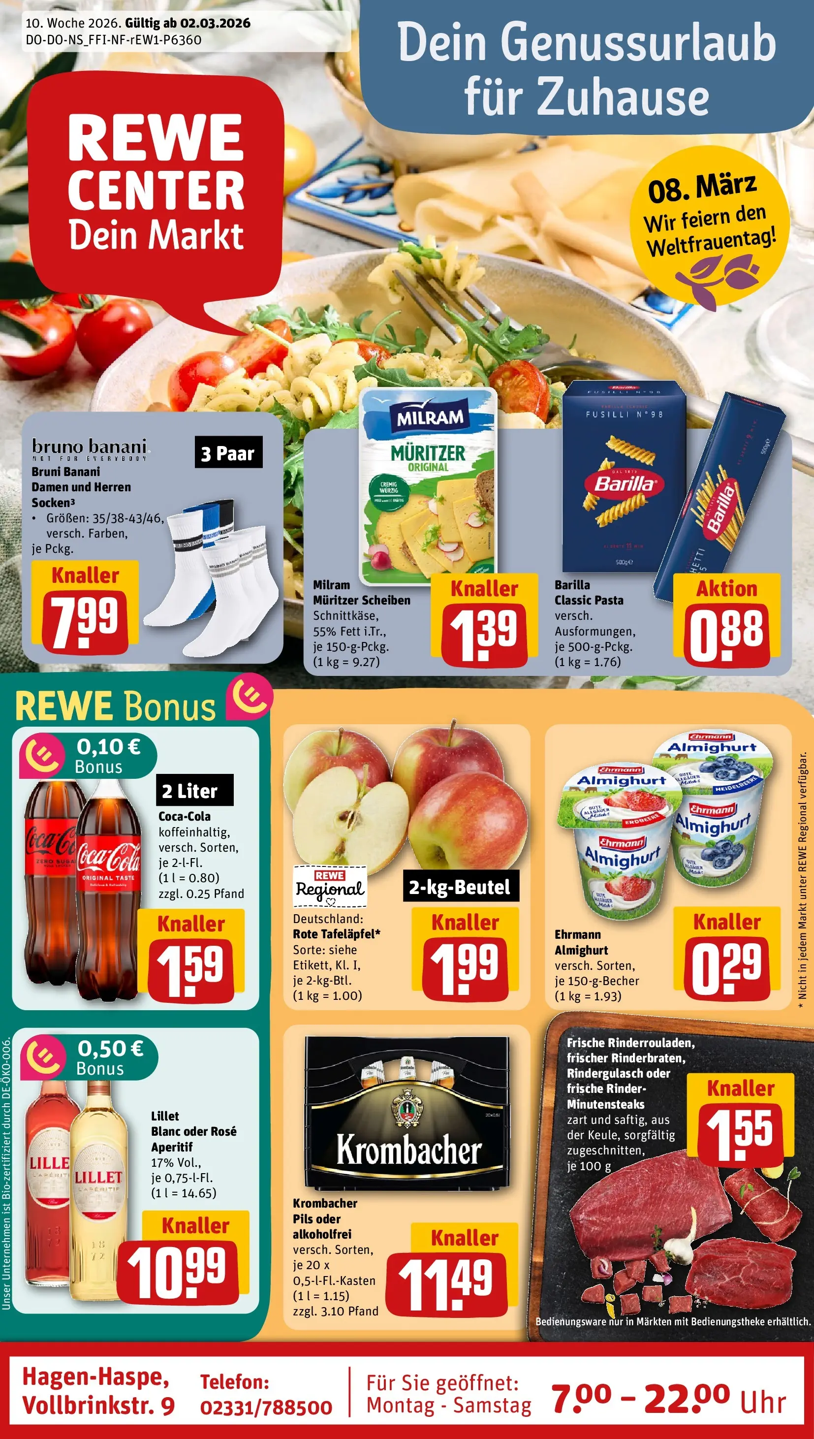 REWE Prospekt ab 02.03.2026 zum Blättern » Angebote | Seite: 1 | Produkte: Ehrmann almighurt, Pils, Milram, Pasta