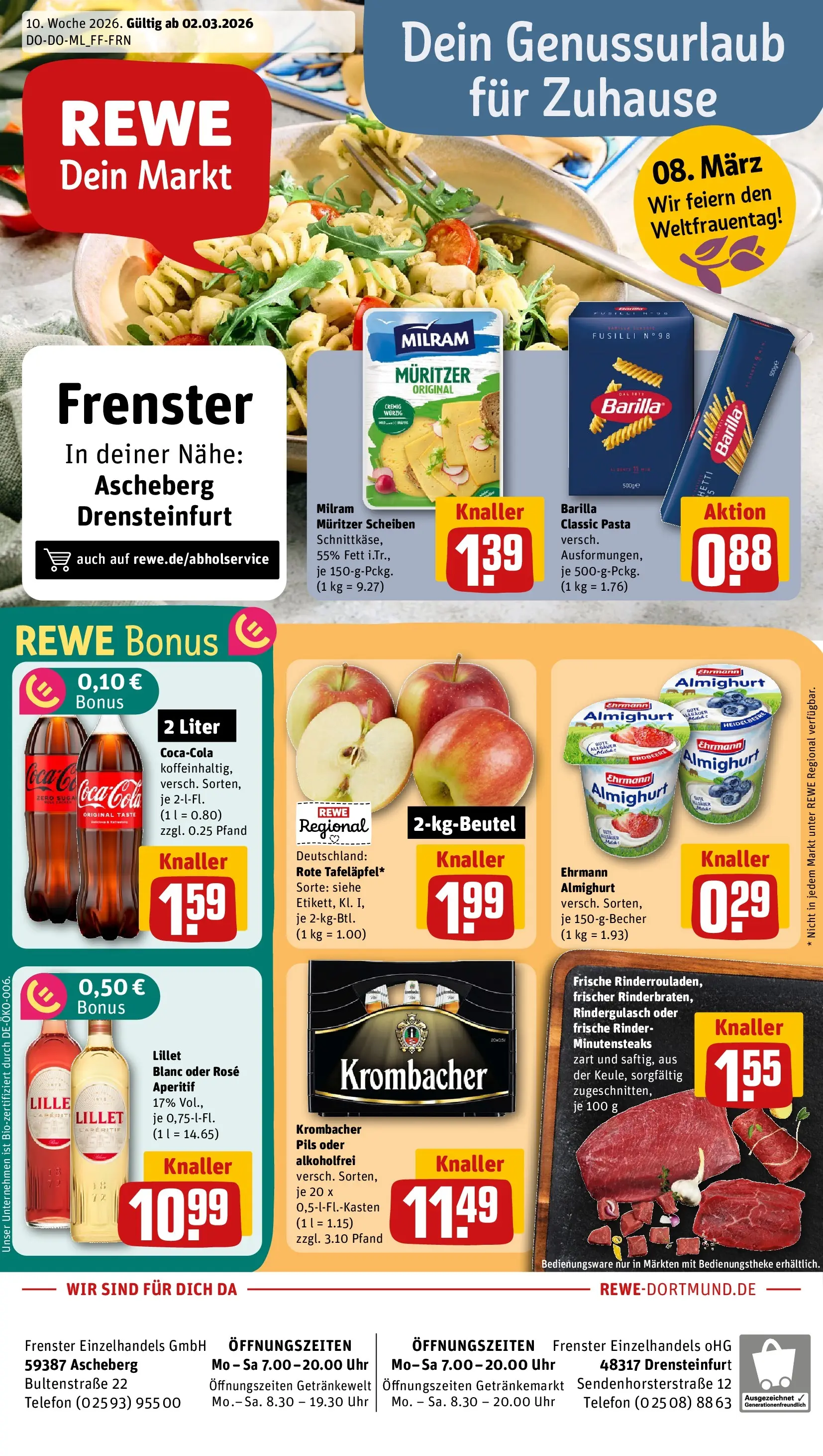 REWE Prospekt ab 02.03.2026 zum Blättern » Angebote | Seite: 1 | Produkte: Ehrmann almighurt, Barilla, Pils, Pasta