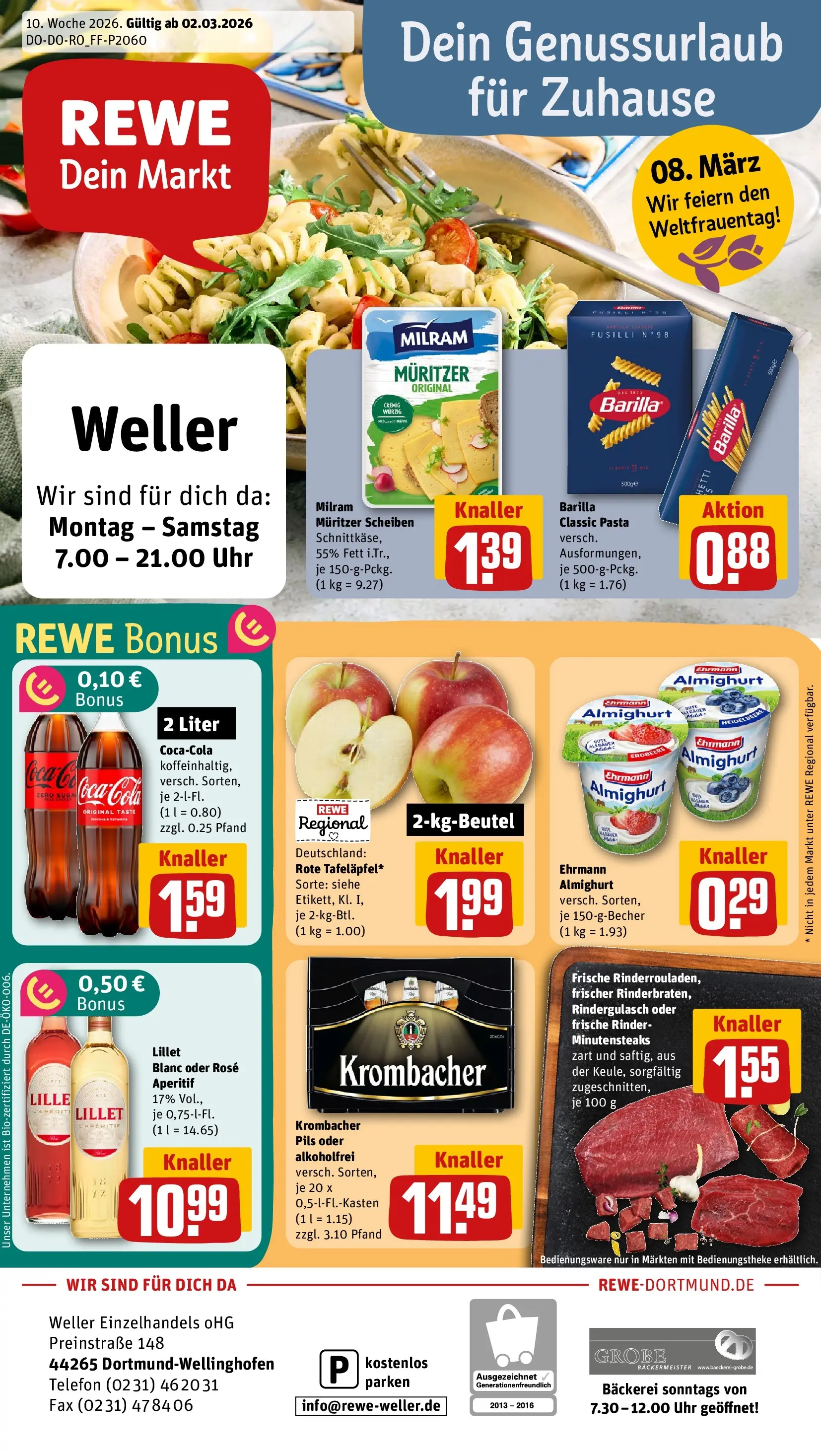 REWE Prospekt ab 02.03.2026 zum Blättern » Angebote | Seite: 1 | Produkte: Rindergulasch, Krombacher, Pasta, Uhr