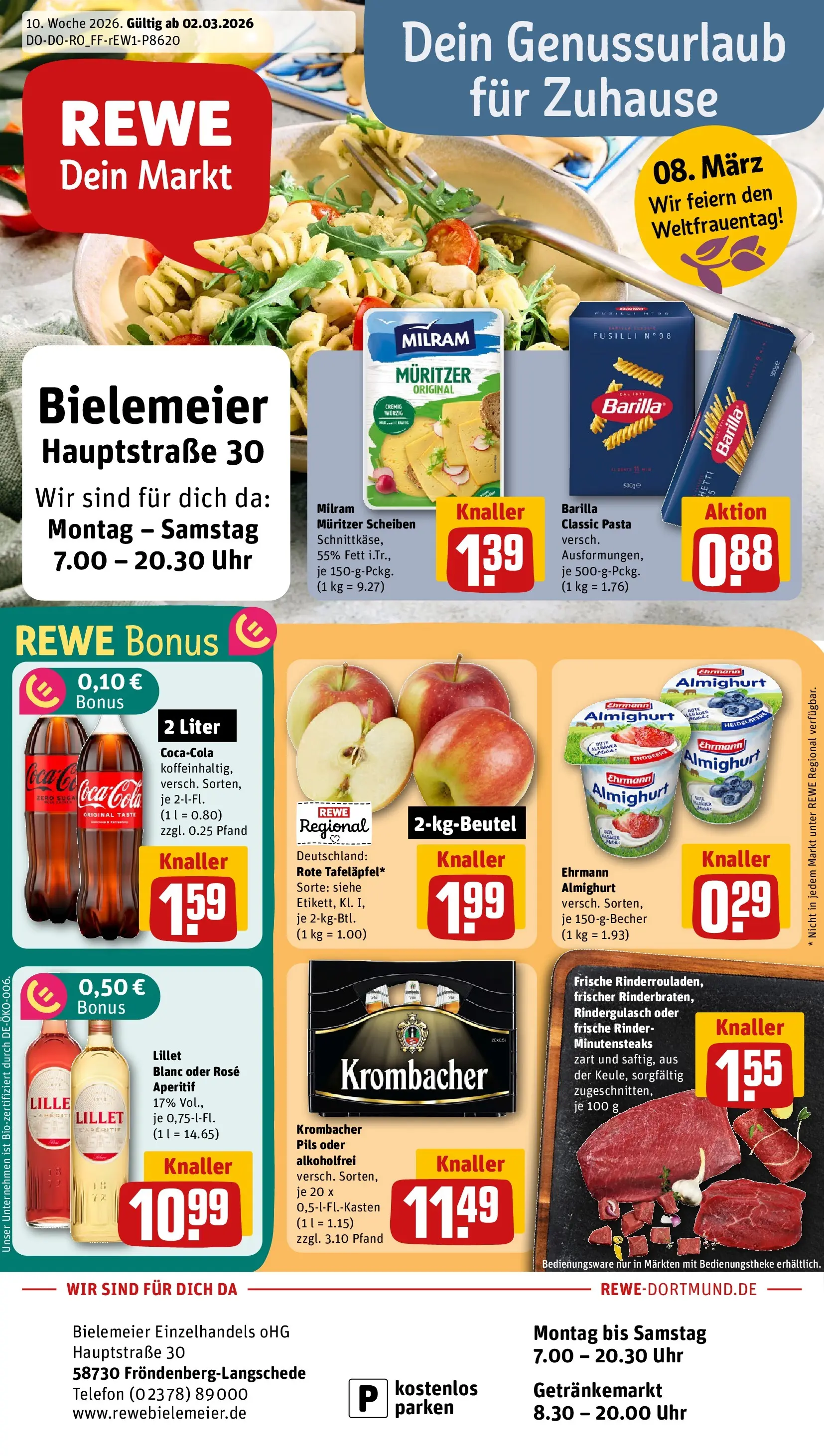 REWE Prospekt ab 02.03.2026 zum Blättern » Angebote | Seite: 1 | Produkte: Barilla, Milram, Telefon, Uhr