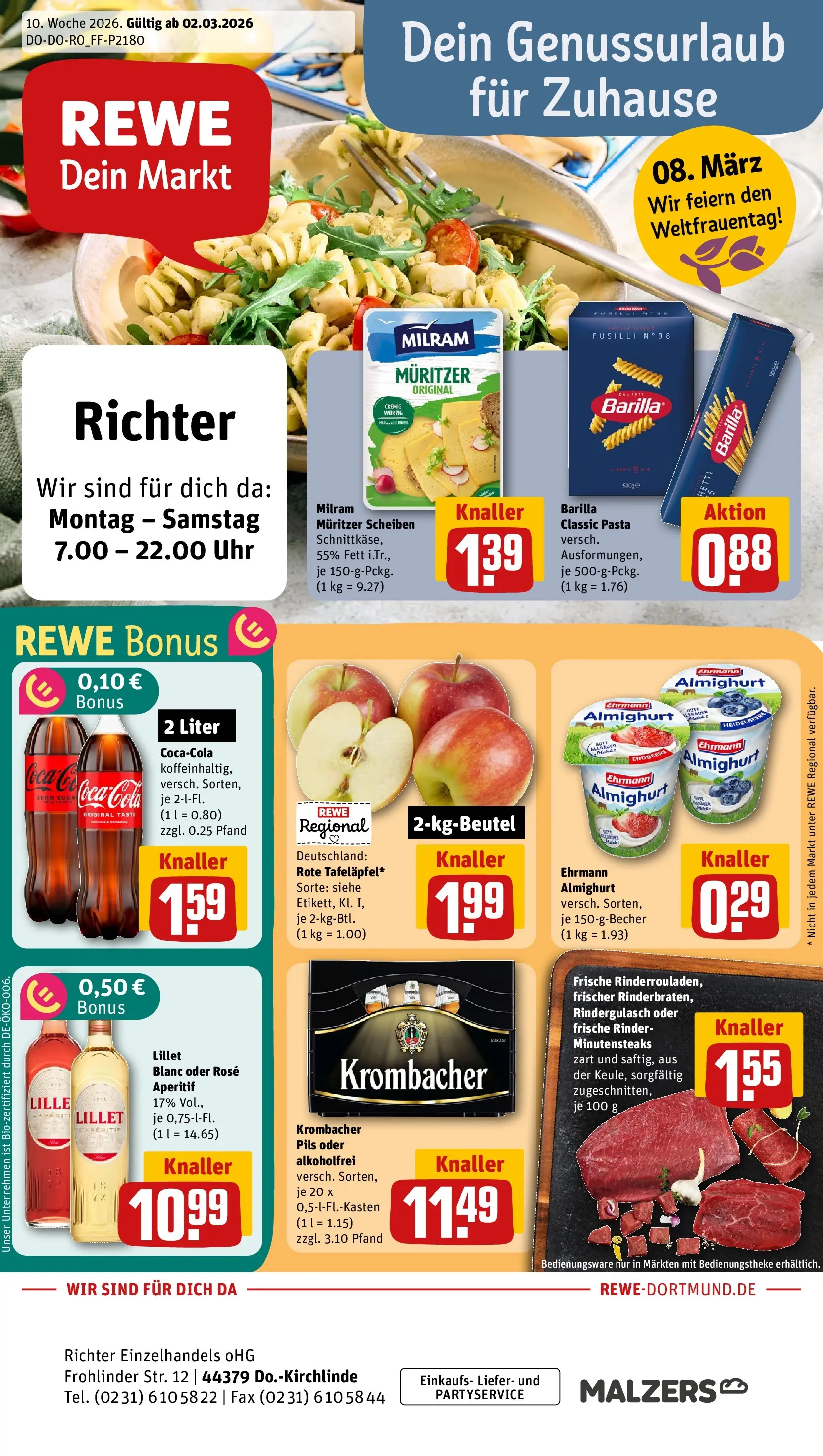 REWE Prospekt ab 02.03.2026 zum Blättern » Angebote | Seite: 1 | Produkte: Rindergulasch, Cola, Barilla, Pils