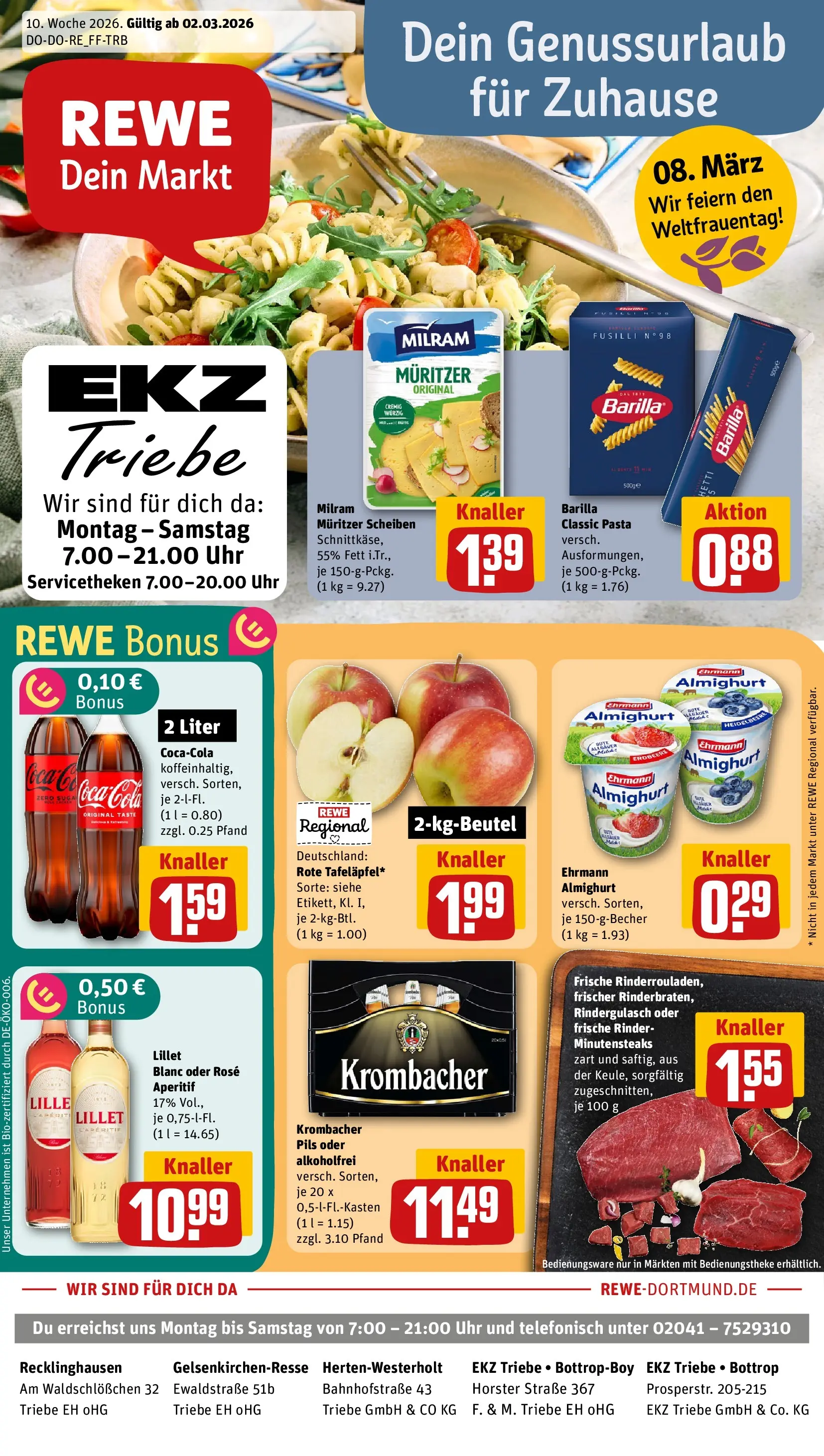 REWE Prospekt ab 02.03.2026 zum Blättern » Angebote | Seite: 1 | Produkte: Ehrmann almighurt, Cola, Barilla, Pils