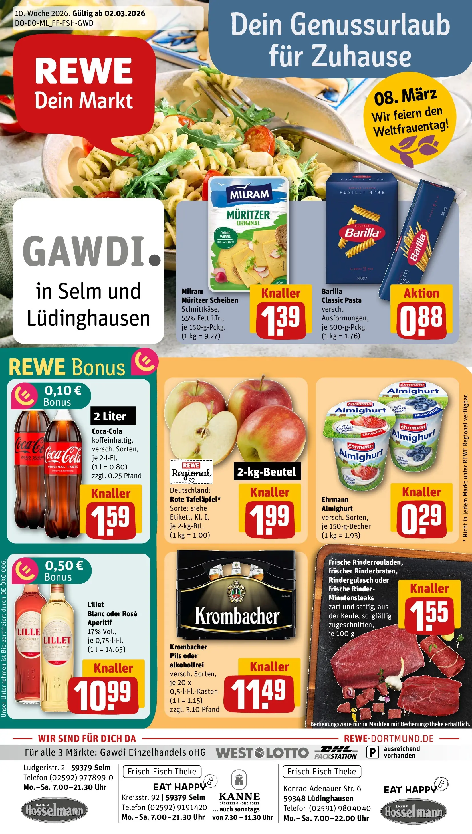 REWE Prospekt ab 02.03.2026 zum Blättern » Angebote | Seite: 1 | Produkte: Bäckerei, Ehrmann almighurt, Pils, Lillet