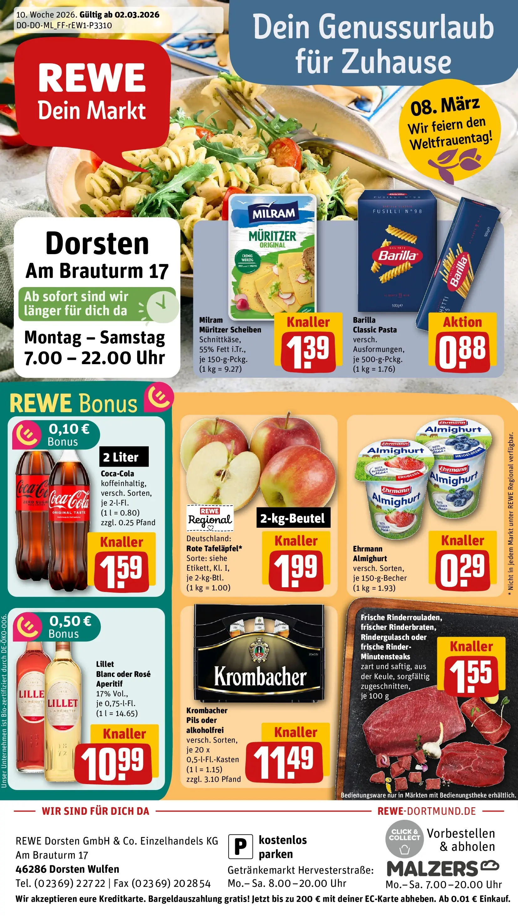 REWE Prospekt ab 02.03.2026 zum Blättern » Angebote | Seite: 1 | Produkte: Cola, Barilla, Milram, Pasta