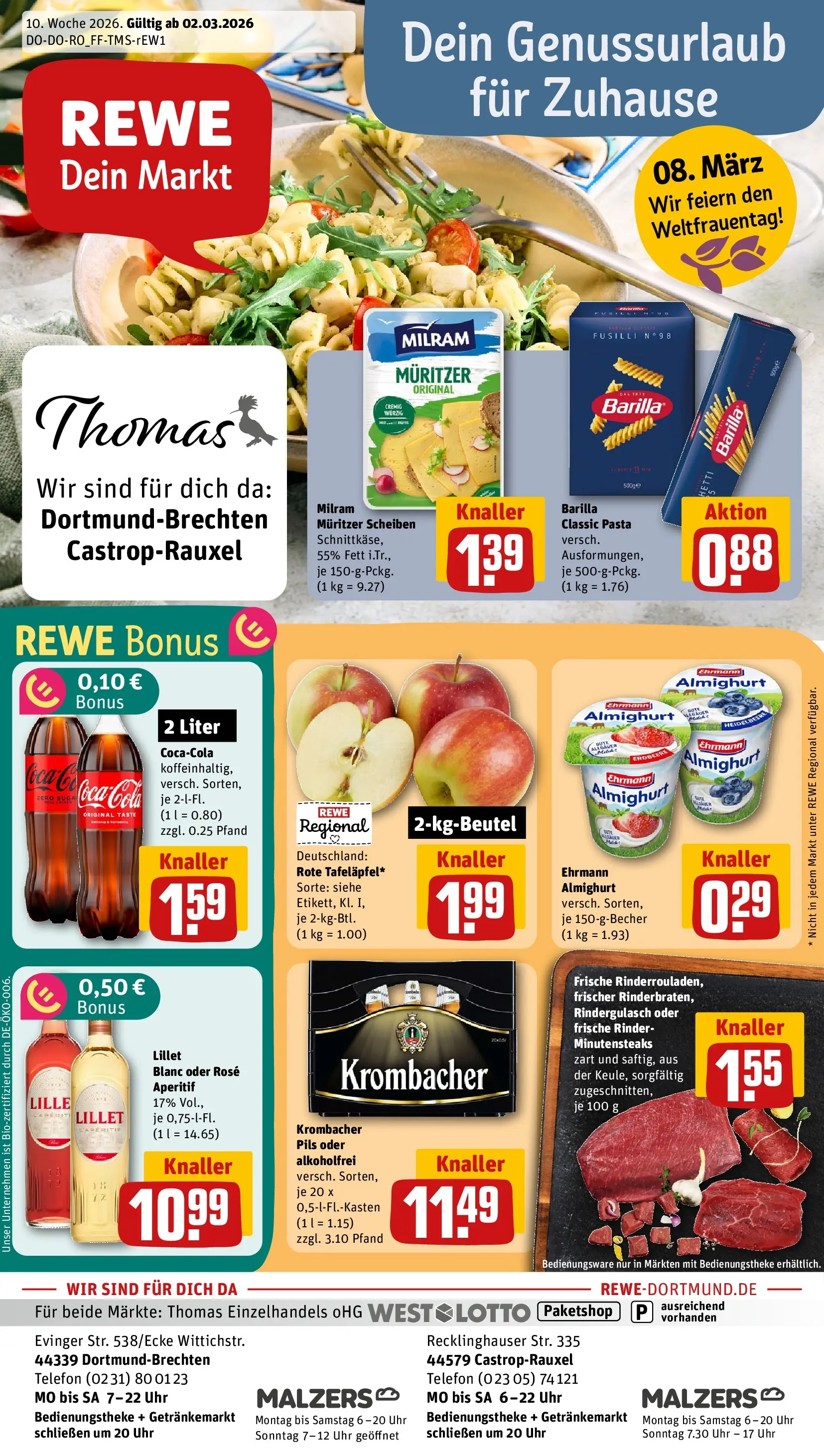 REWE Prospekt ab 02.03.2026 zum Blättern » Angebote | Seite: 1 | Produkte: Rindergulasch, Pils, Pasta, Uhr