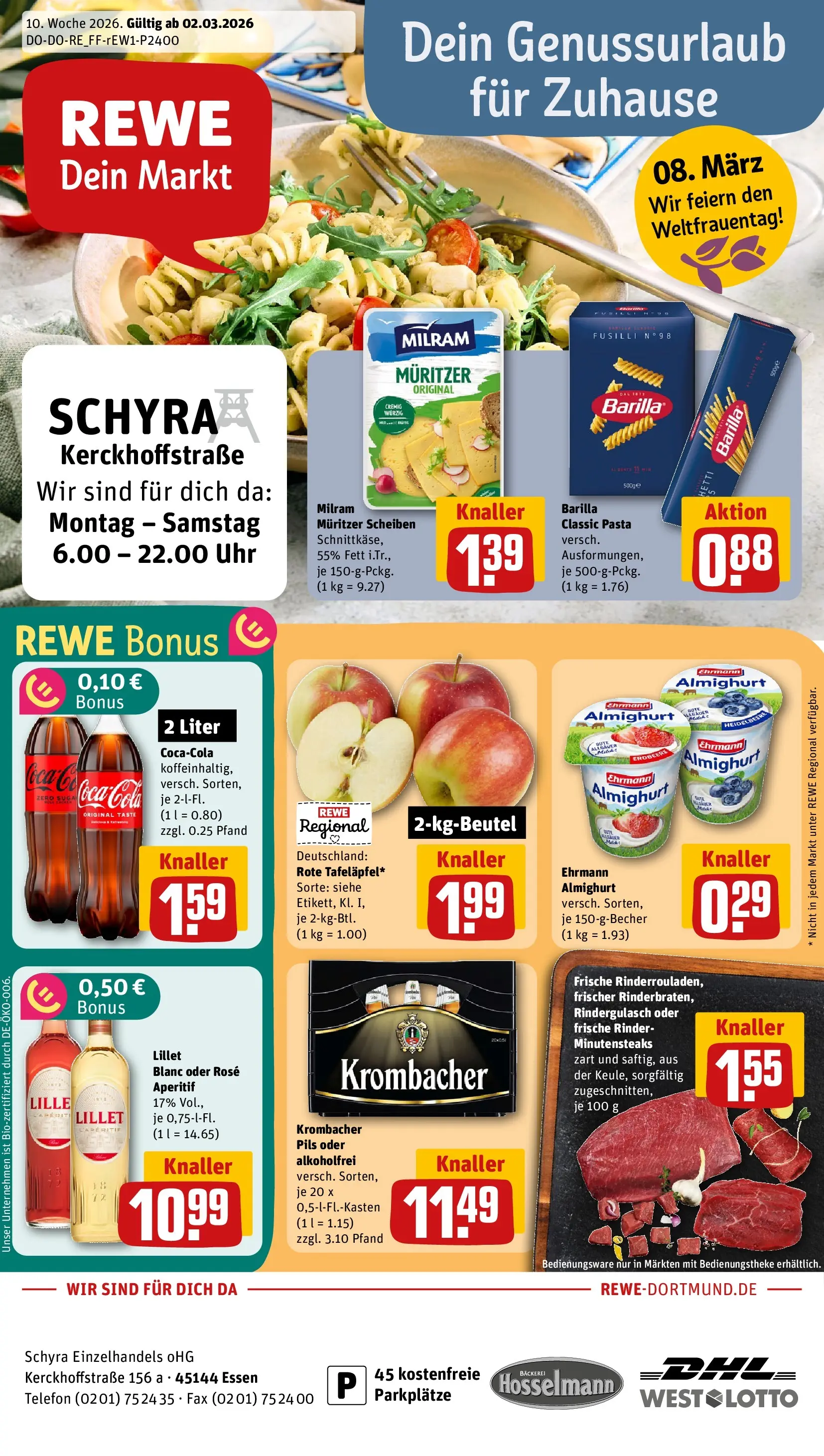 REWE Prospekt ab 02.03.2026 zum Blättern » Angebote | Seite: 1 | Produkte: Rindergulasch, Cola, Krombacher, Telefon