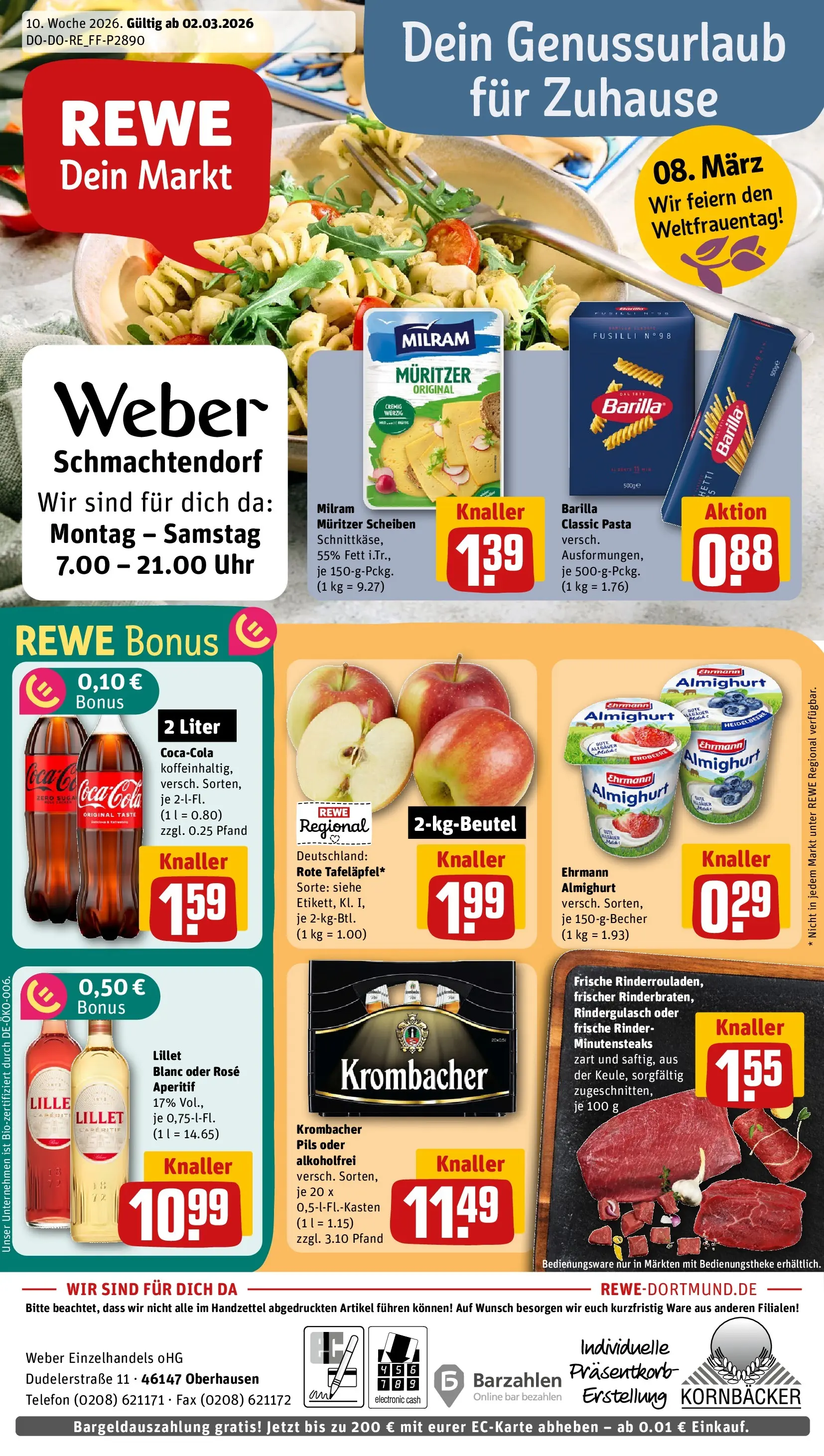 REWE Prospekt ab 02.03.2026 zum Blättern » Angebote | Seite: 1 | Produkte: Rindergulasch, Barilla, Krombacher, Telefon