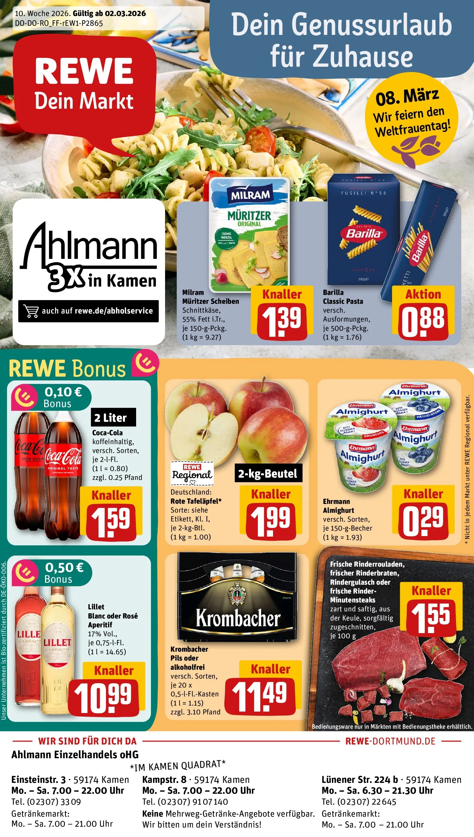 REWE Prospekt ab 02.03.2026 zum Blättern » Angebote | Seite: 1 | Produkte: Ehrmann almighurt, Barilla, Krombacher, Pasta