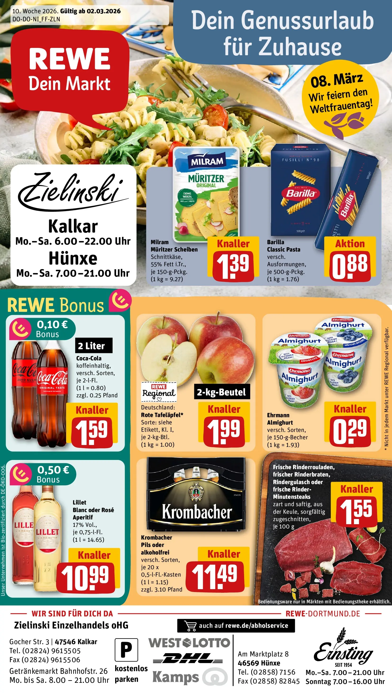 REWE Prospekt ab 02.03.2026 zum Blättern » Angebote | Seite: 1 | Produkte: Cola, Pils, Milram, Pasta