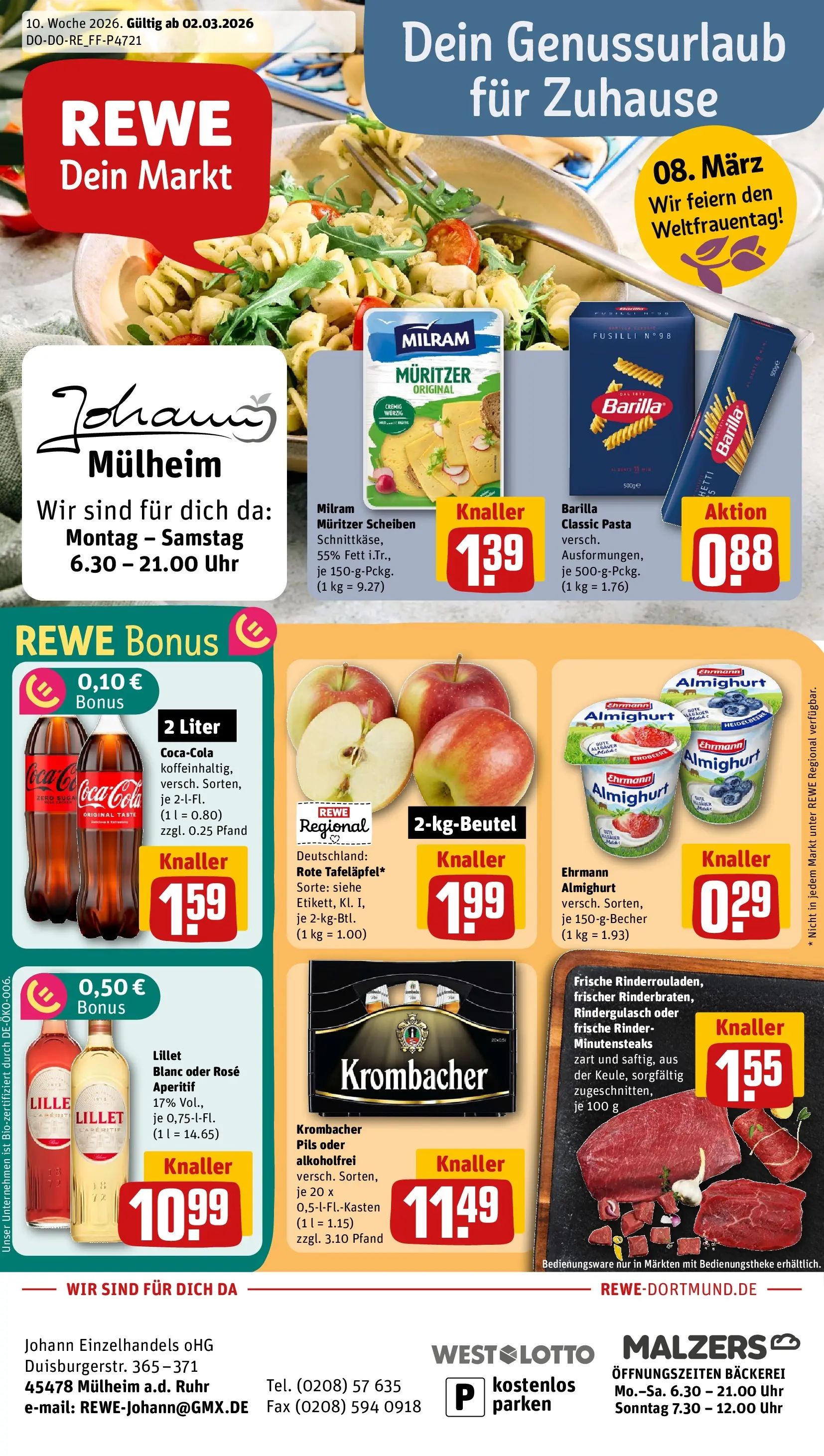 REWE Prospekt ab 02.03.2026 zum Blättern » Angebote | Seite: 1 | Produkte: Ehrmann almighurt, Cola, Barilla, Uhr