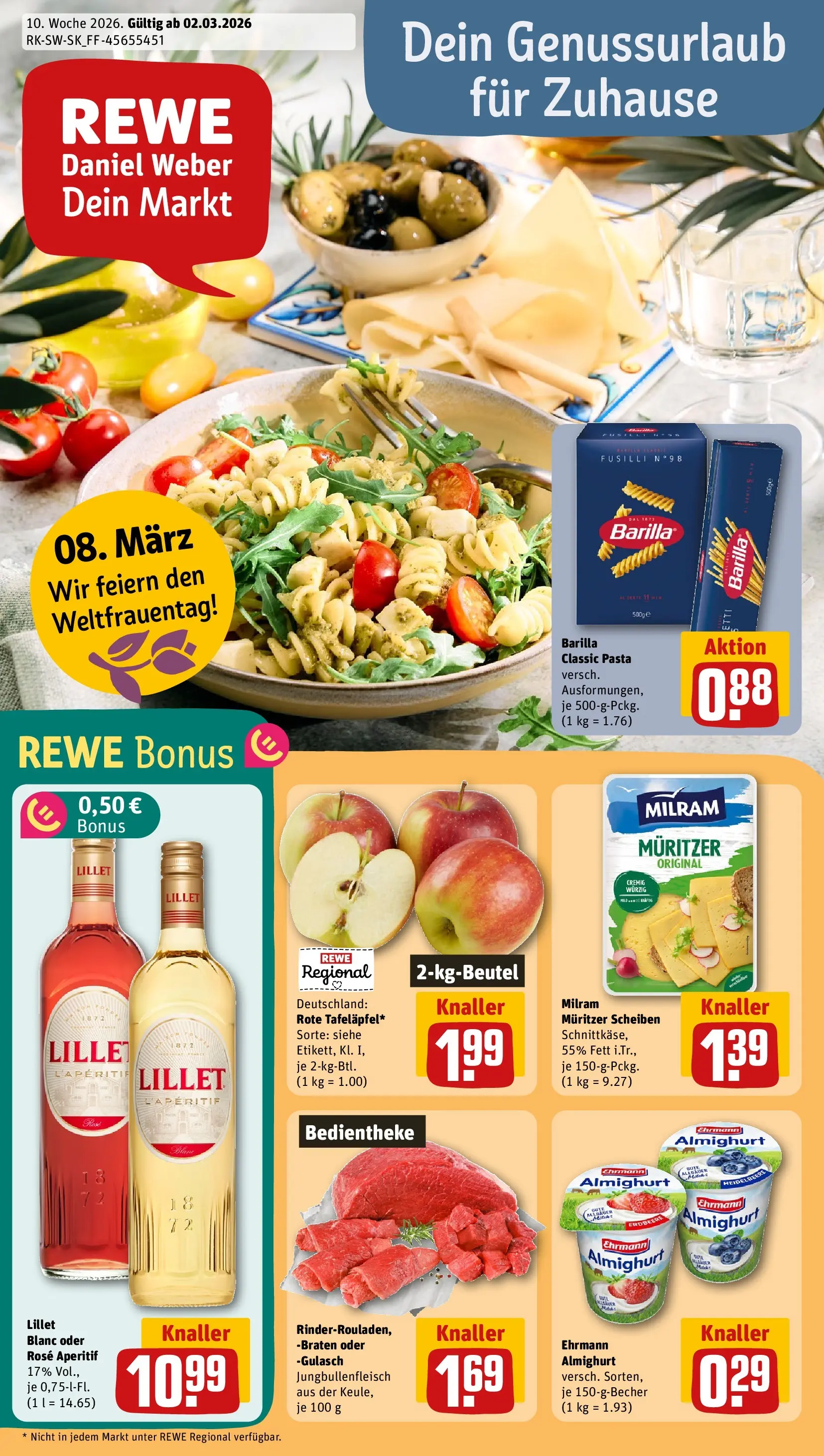 REWE Prospekt ab 02.03.2026 zum Blättern » Angebote | Seite: 1 | Produkte: Barilla, Lillet, Milram, Gulasch