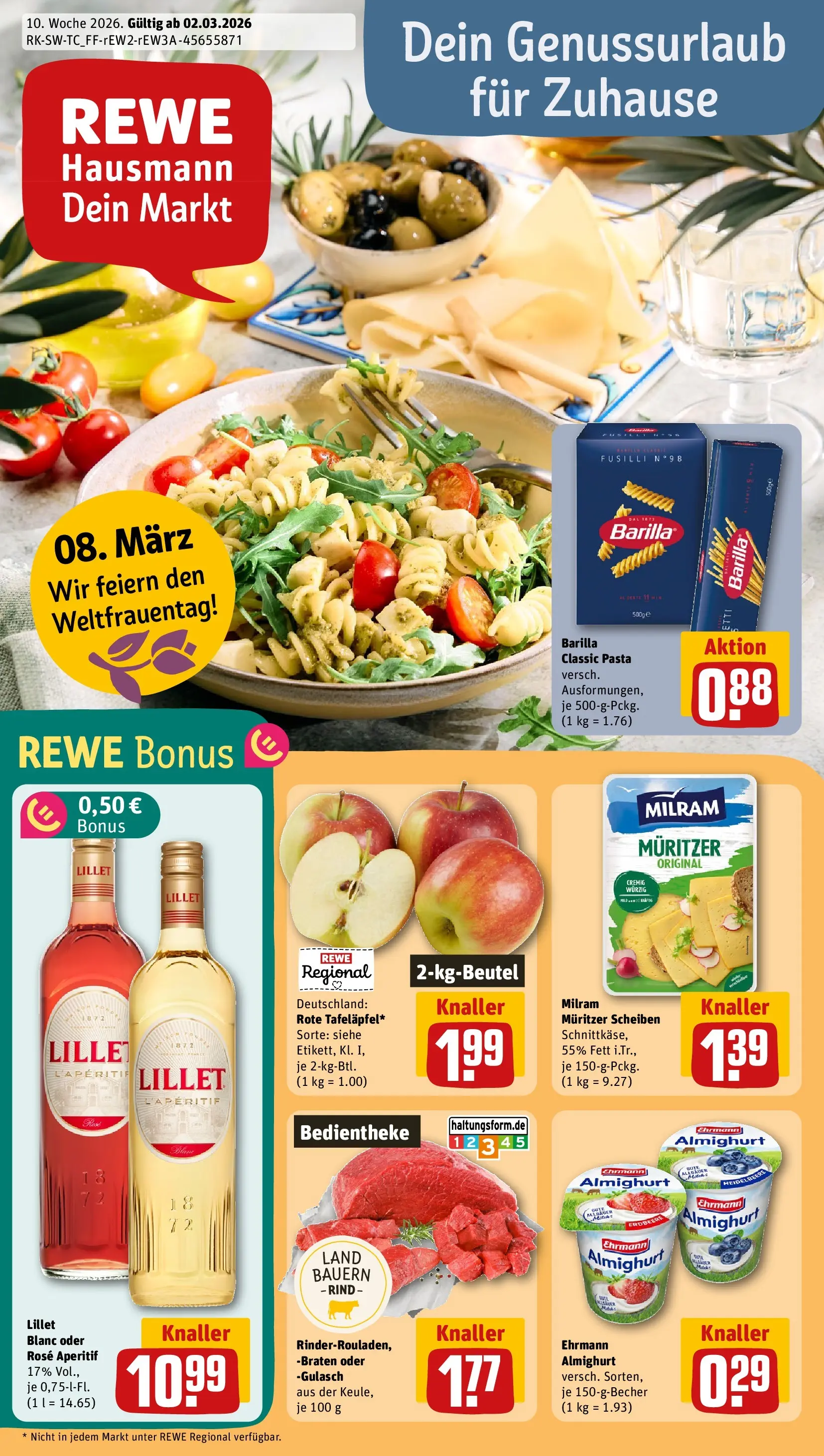 REWE Prospekt ab 02.03.2026 zum Blättern » Angebote | Seite: 1 | Produkte: Ehrmann almighurt, Barilla, Milram, Gulasch