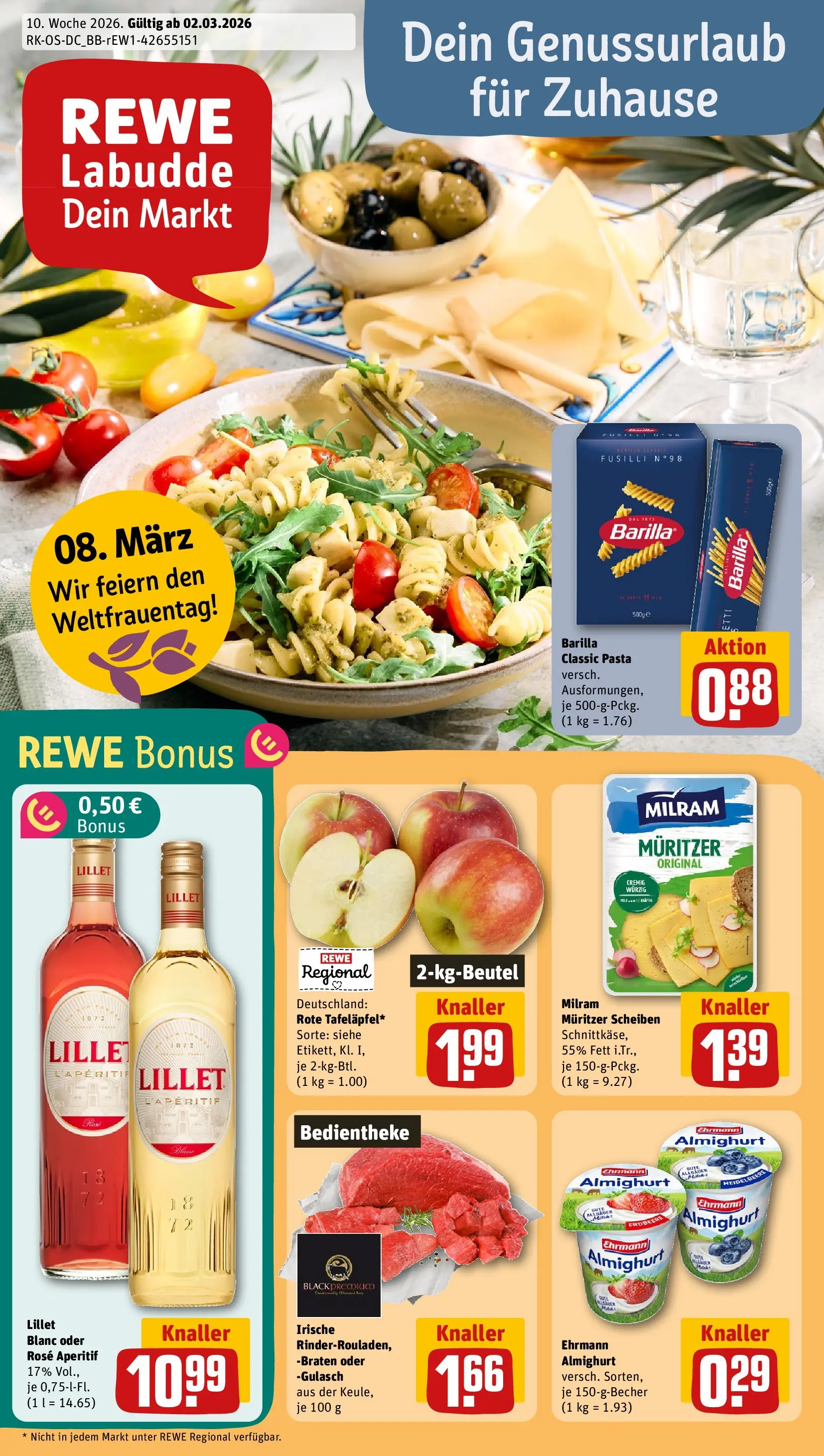 REWE Prospekt ab 02.03.2026 zum Blättern » Angebote | Seite: 1 | Produkte: Ehrmann almighurt, Barilla, Lillet, Gulasch