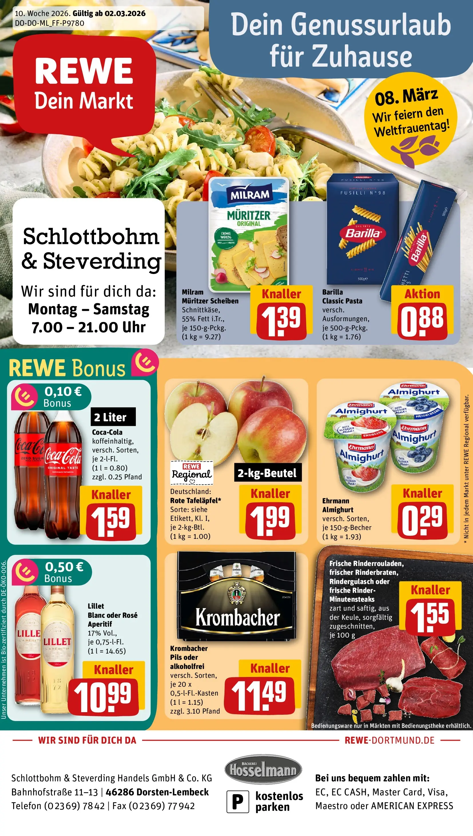 REWE Prospekt ab 02.03.2026 zum Blättern » Angebote | Seite: 1 | Produkte: Bäckerei, Ehrmann almighurt, Lillet, Pasta