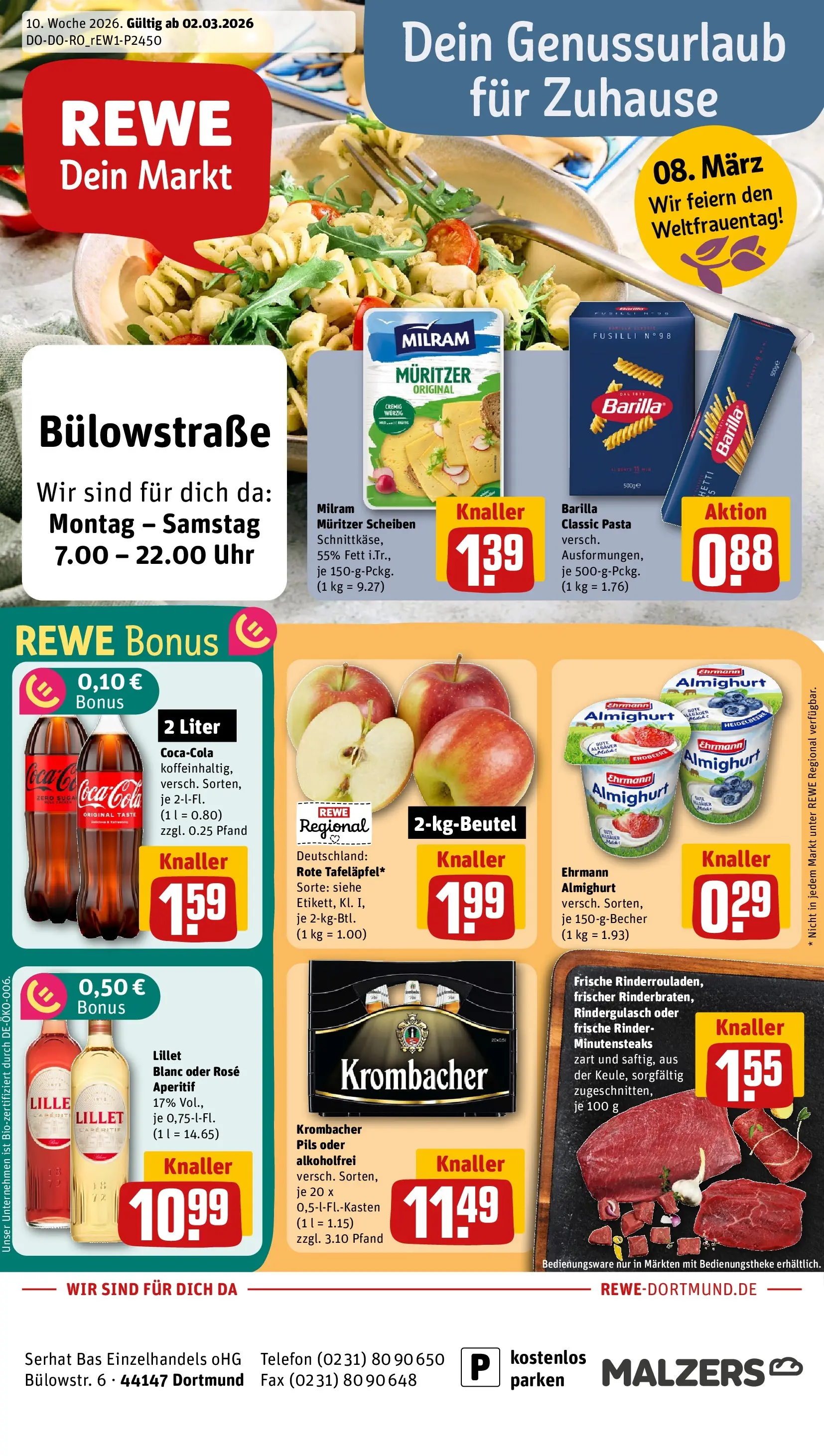 REWE Prospekt ab 02.03.2026 zum Blättern » Angebote | Seite: 1 | Produkte: Rindergulasch, Pils, Lillet, Pasta