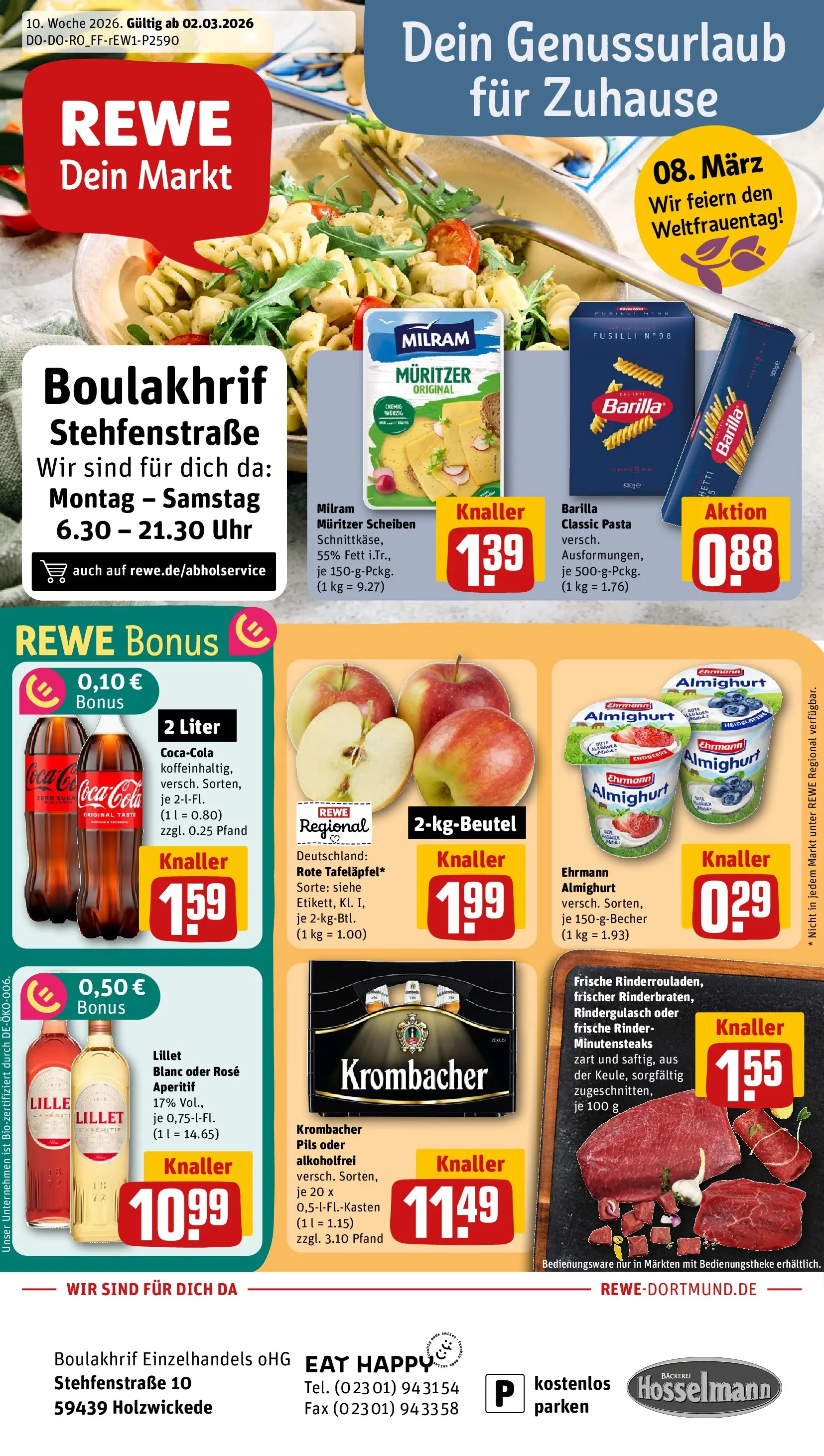 REWE Prospekt ab 02.03.2026 zum Blättern » Angebote | Seite: 1 | Produkte: Rindergulasch, Cola, Lillet, Pasta