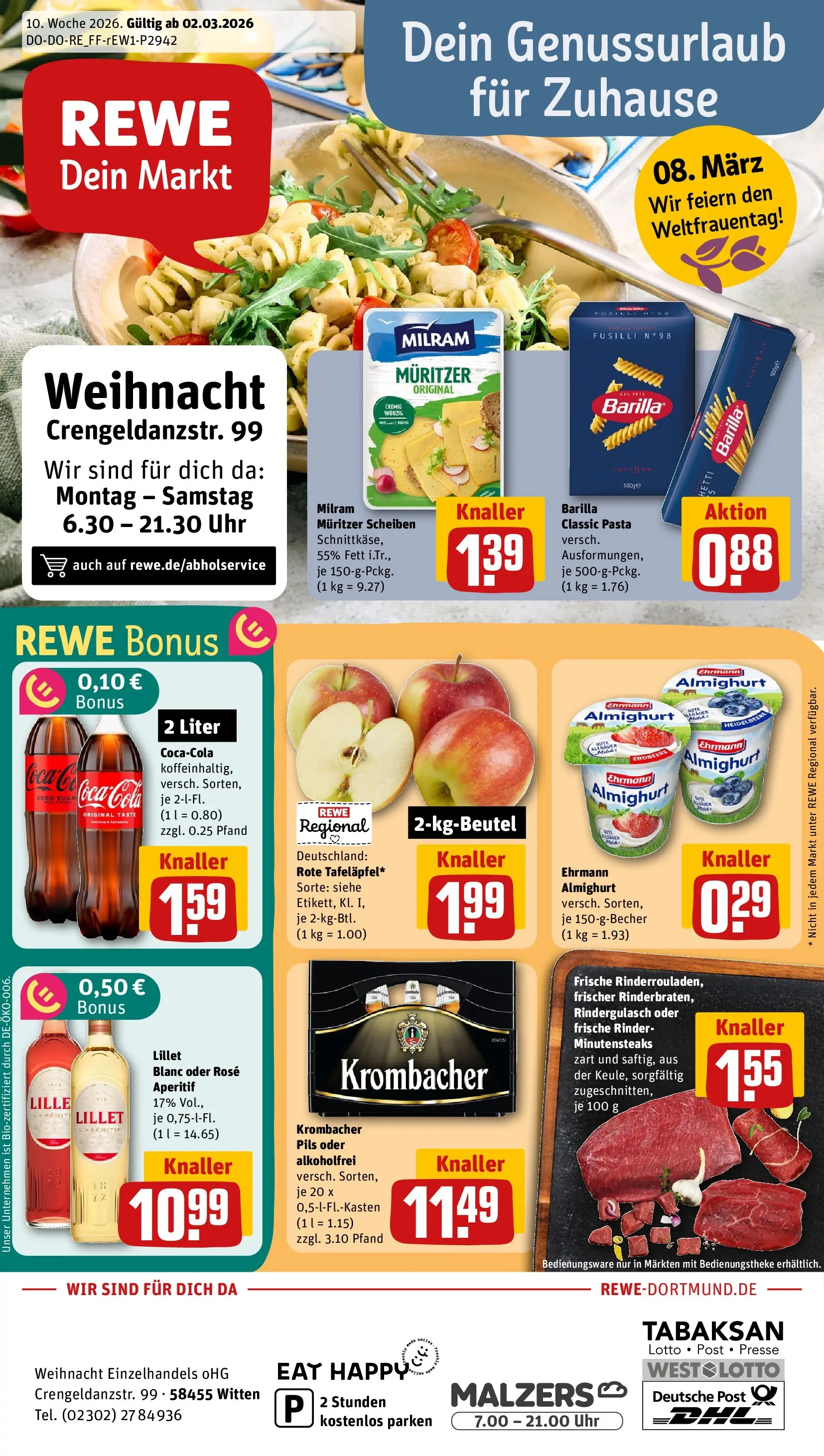 REWE Prospekt ab 02.03.2026 zum Blättern » Angebote | Seite: 1 | Produkte: Cola, Pils, Pasta, Uhr