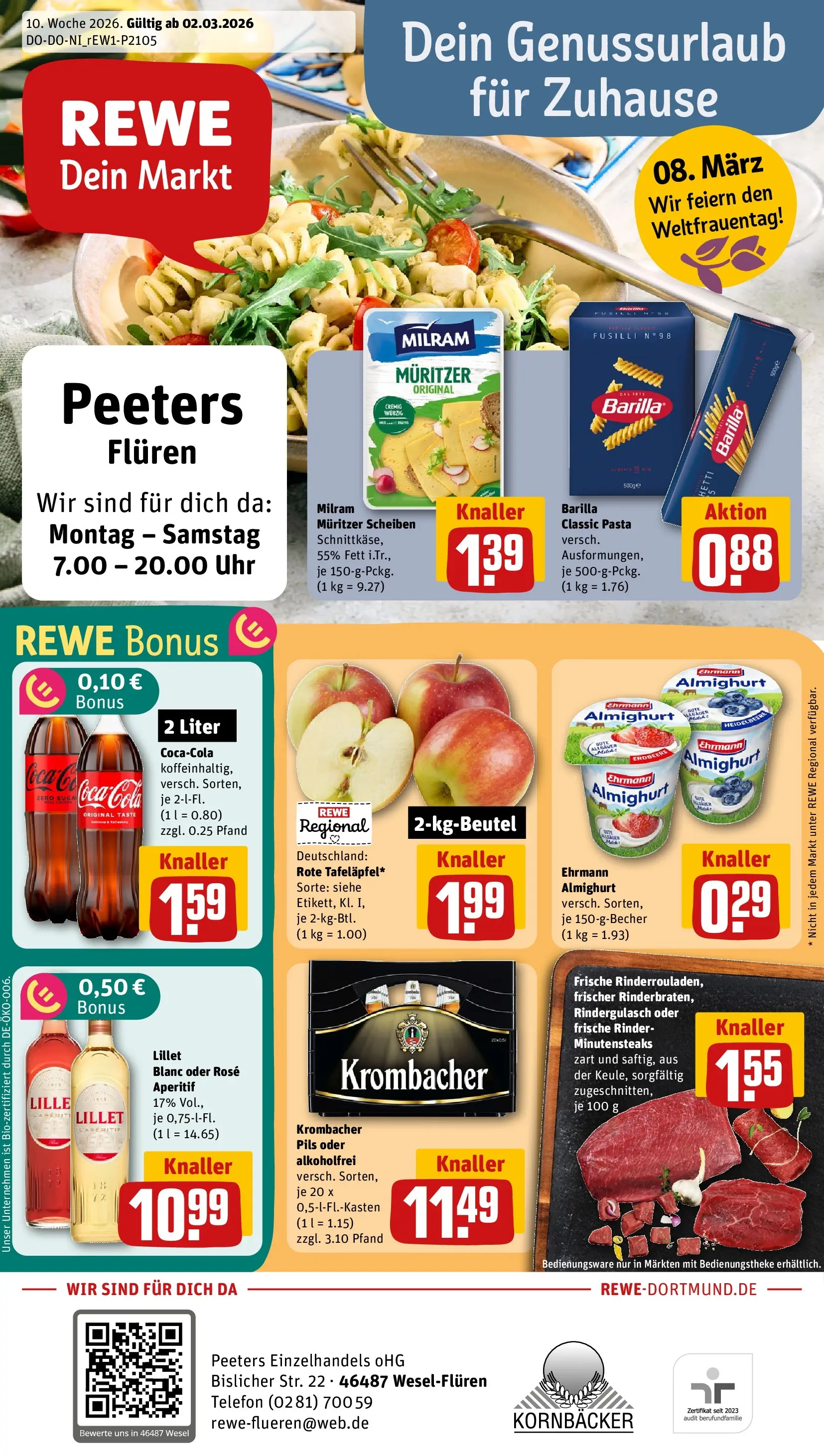 REWE Prospekt ab 02.03.2026 zum Blättern » Angebote | Seite: 1 | Produkte: Rindergulasch, Pils, Krombacher, Uhr