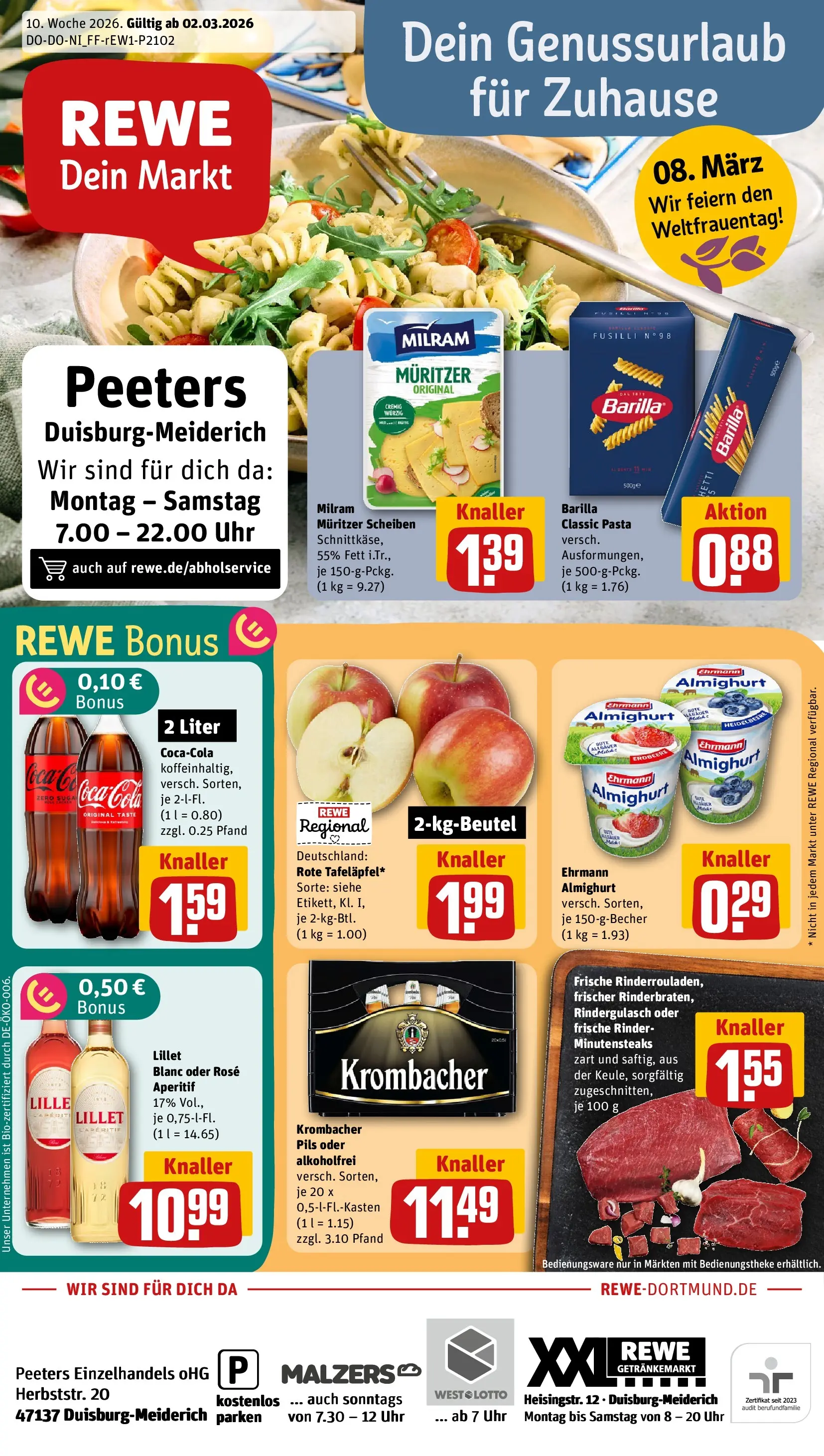REWE Prospekt ab 02.03.2026 zum Blättern » Angebote | Seite: 1 | Produkte: Ehrmann almighurt, Cola, Lillet, Uhr