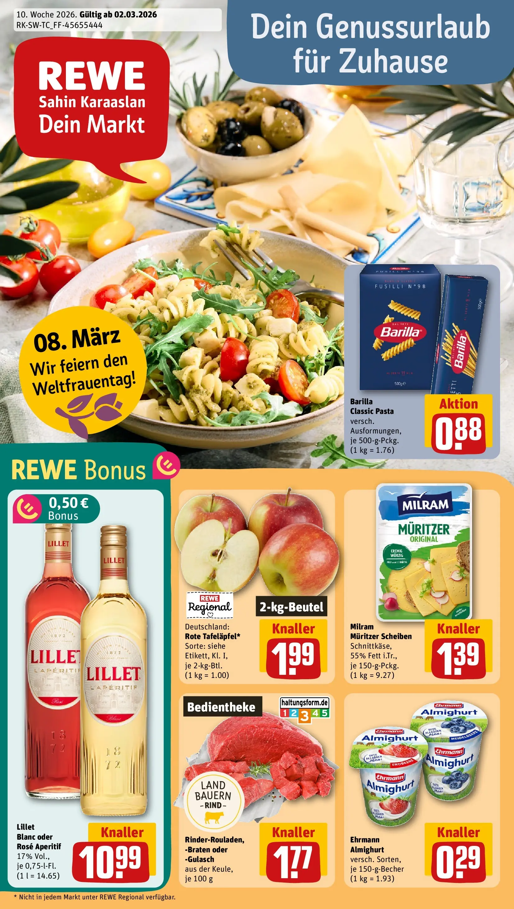 REWE Prospekt ab 02.03.2026 zum Blättern » Angebote | Seite: 1 | Produkte: Barilla, Lillet, Gulasch, Pasta