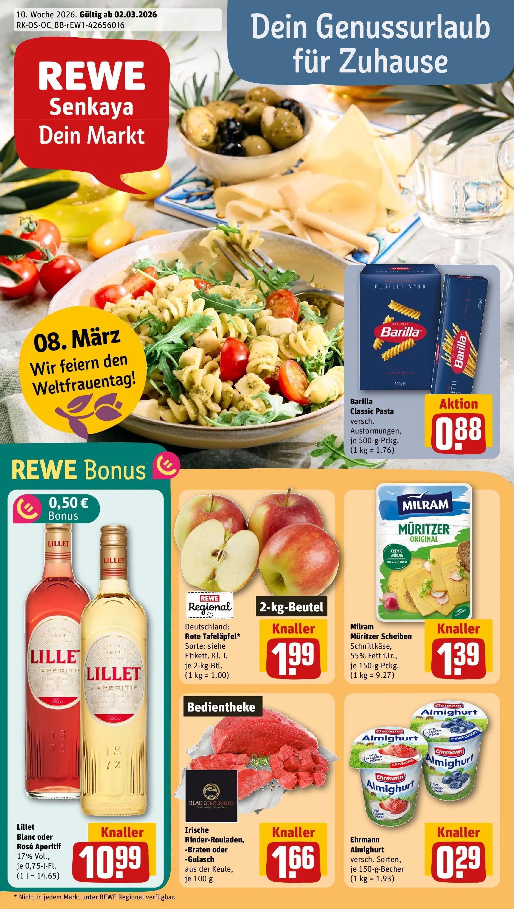REWE Prospekt ab 02.03.2026 zum Blättern » Angebote | Seite: 1 | Produkte: Ehrmann almighurt, Lillet, Gulasch, Pasta
