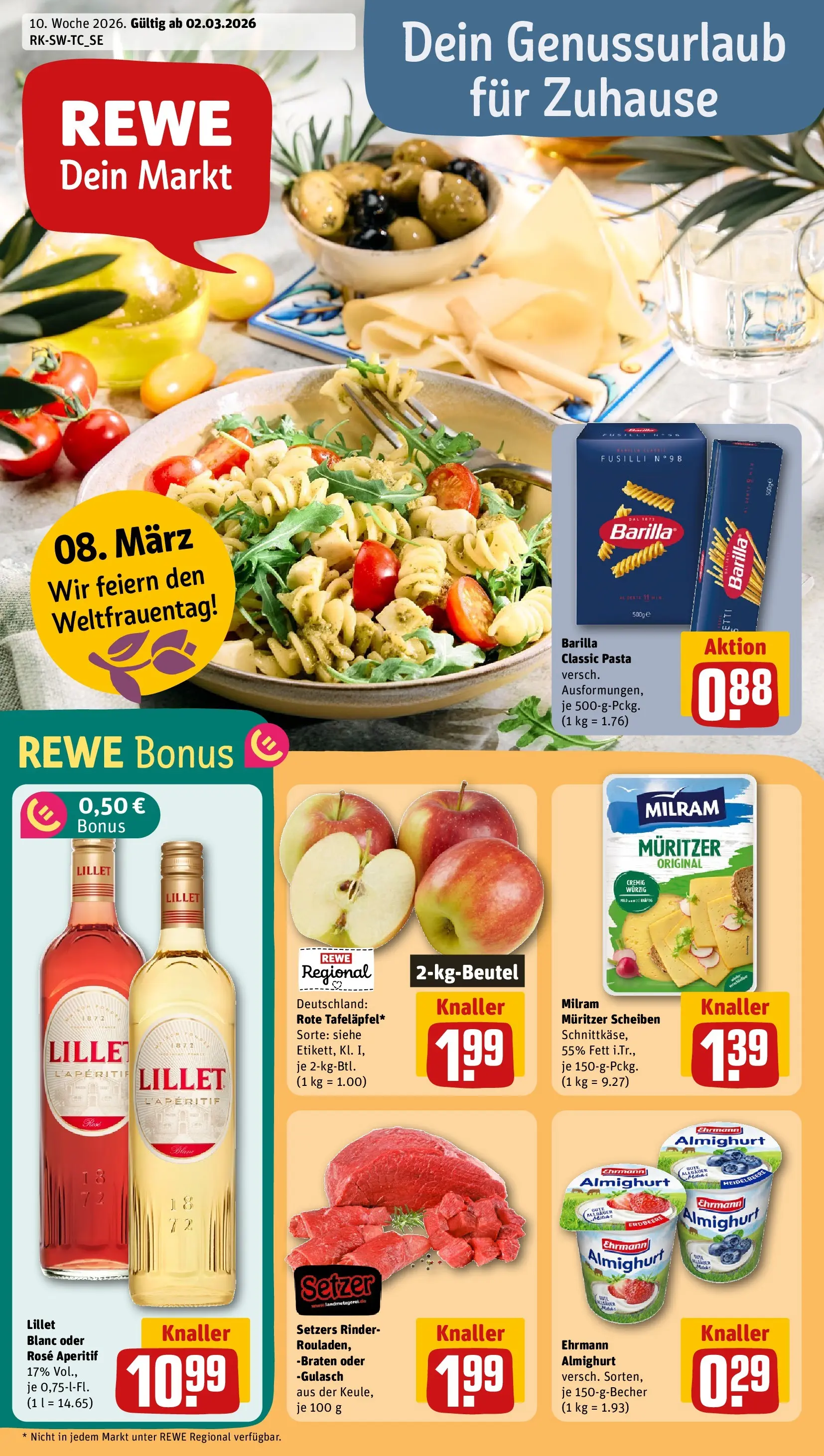 REWE Prospekt ab 02.03.2026 zum Blättern » Angebote | Seite: 1 | Produkte: Ehrmann almighurt, Milram, Gulasch, Pasta