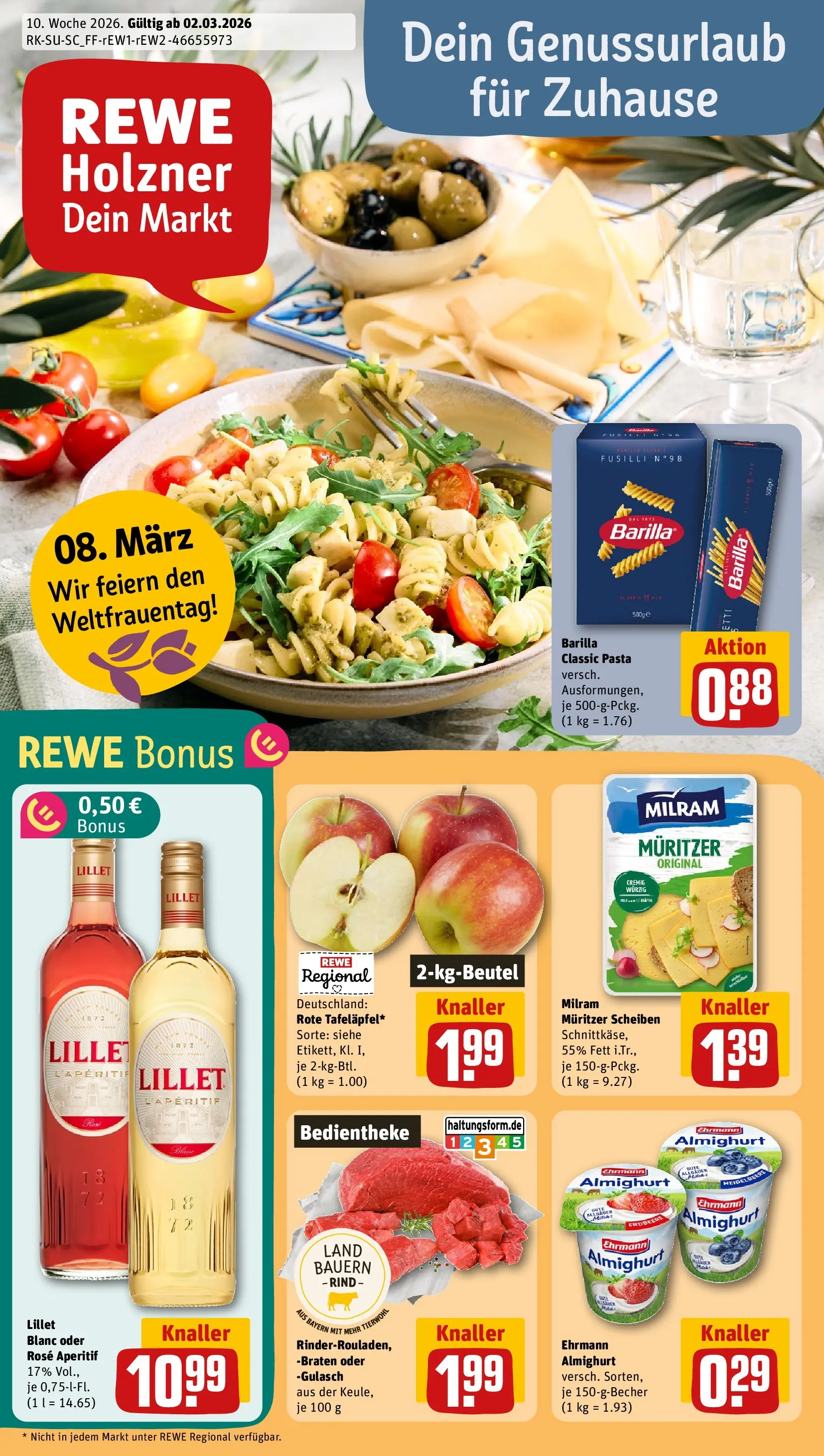 REWE Prospekt ab 01.03.2026 zum Blättern » Angebote | Seite: 1 | Produkte: Ehrmann almighurt, Barilla, Lillet, Pasta