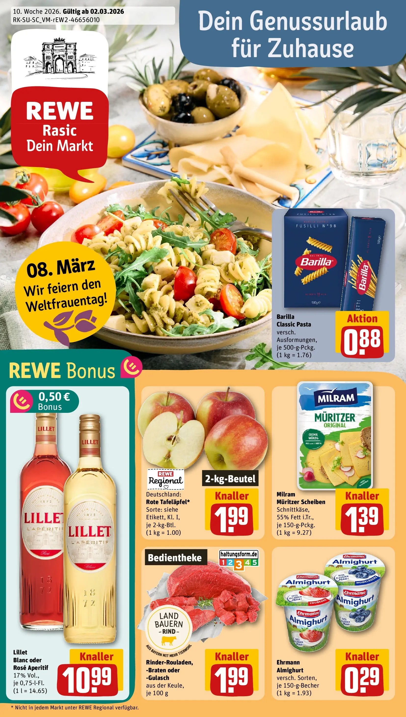 REWE Prospekt ab 02.03.2026 zum Blättern » Angebote | Seite: 1 | Produkte: Barilla, Lillet, Gulasch, Pasta