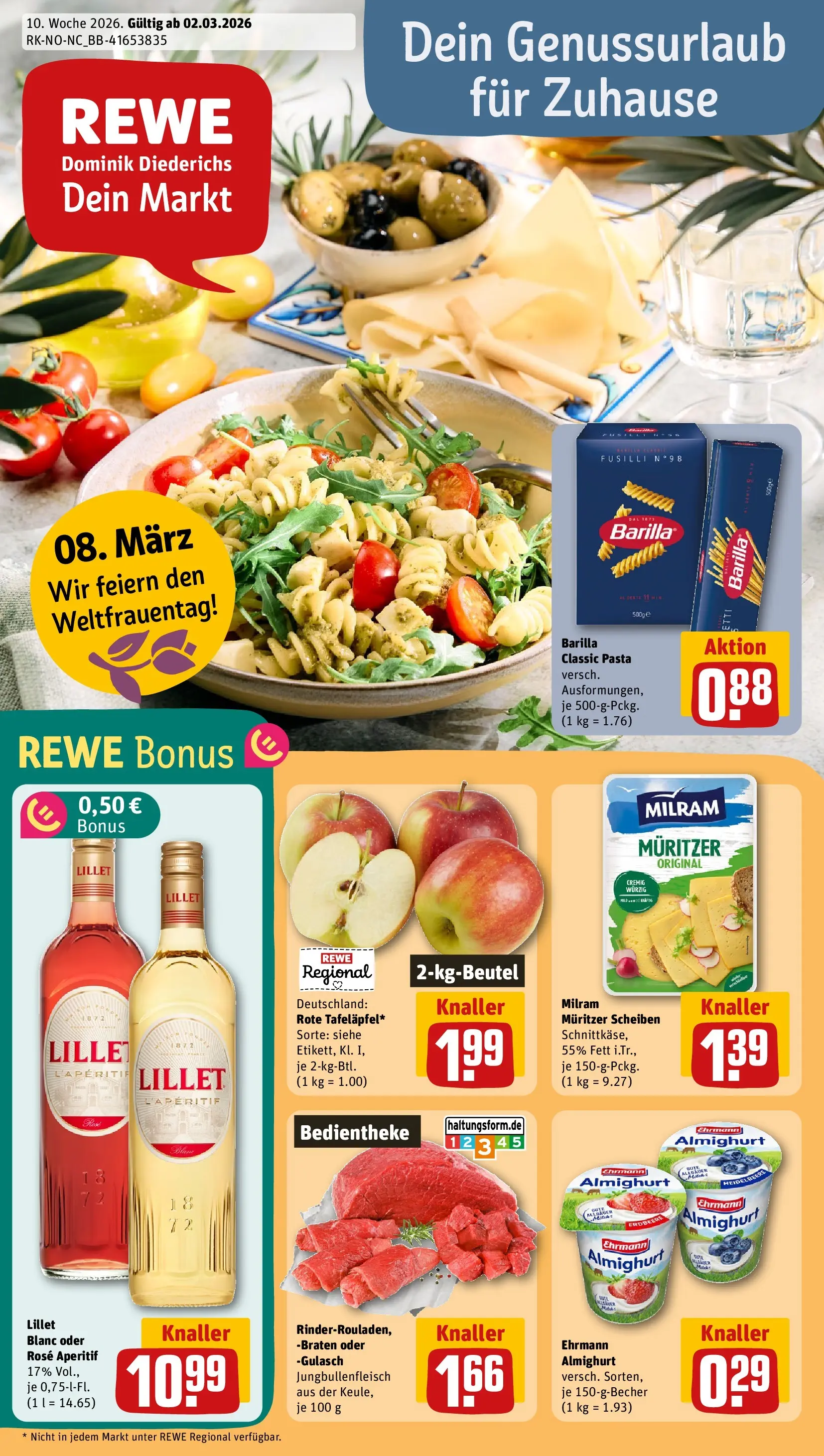 REWE Prospekt ab 02.03.2026 zum Blättern » Angebote | Seite: 1 | Produkte: Ehrmann almighurt, Barilla, Lillet, Pasta