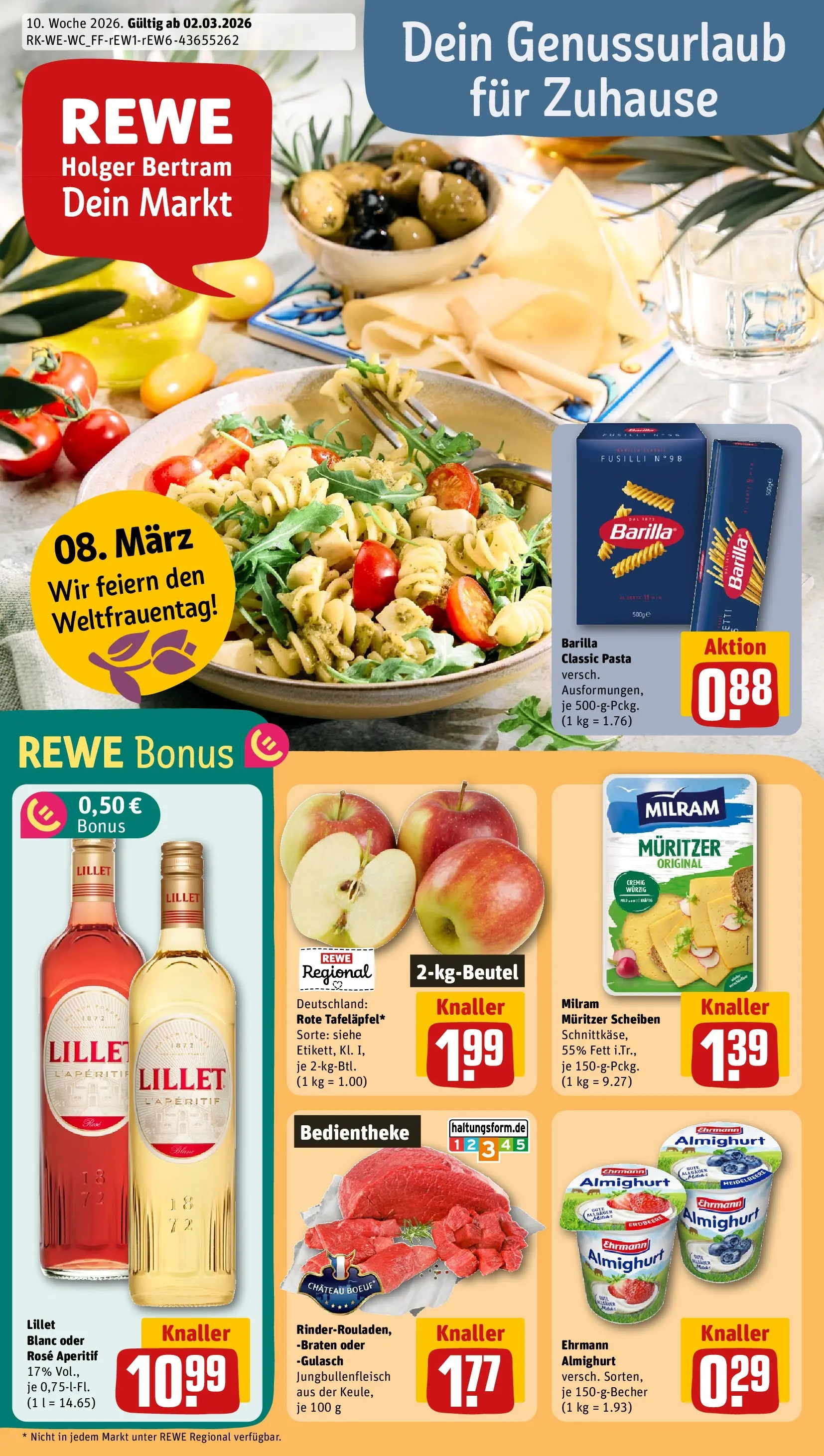 REWE Prospekt ab 02.03.2026 zum Blättern » Angebote | Seite: 1 | Produkte: Ehrmann almighurt, Barilla, Milram, Pasta