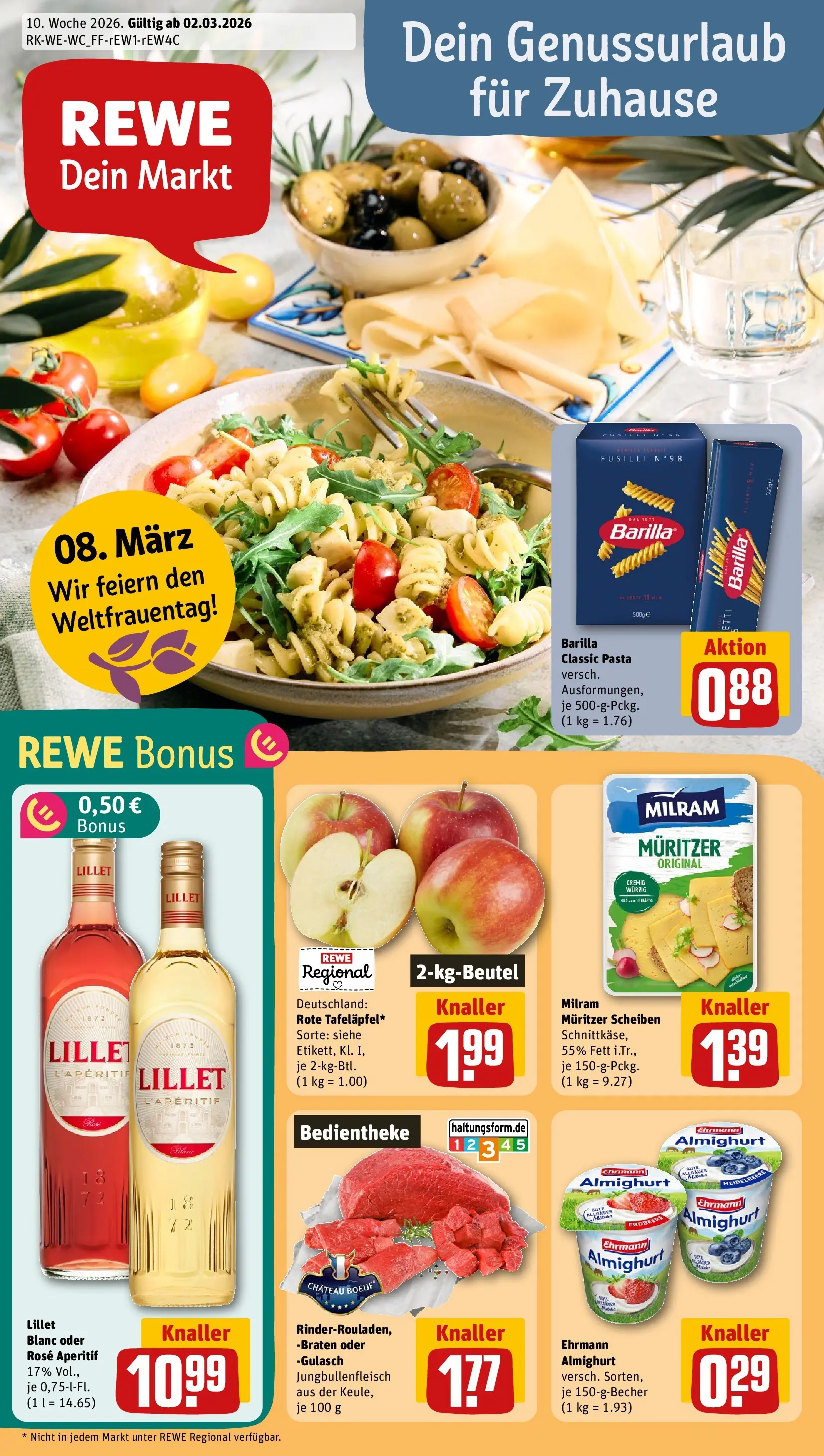 REWE Prospekt ab 02.03.2026 zum Blättern » Angebote | Seite: 1 | Produkte: Ehrmann almighurt, Barilla, Milram, Pasta