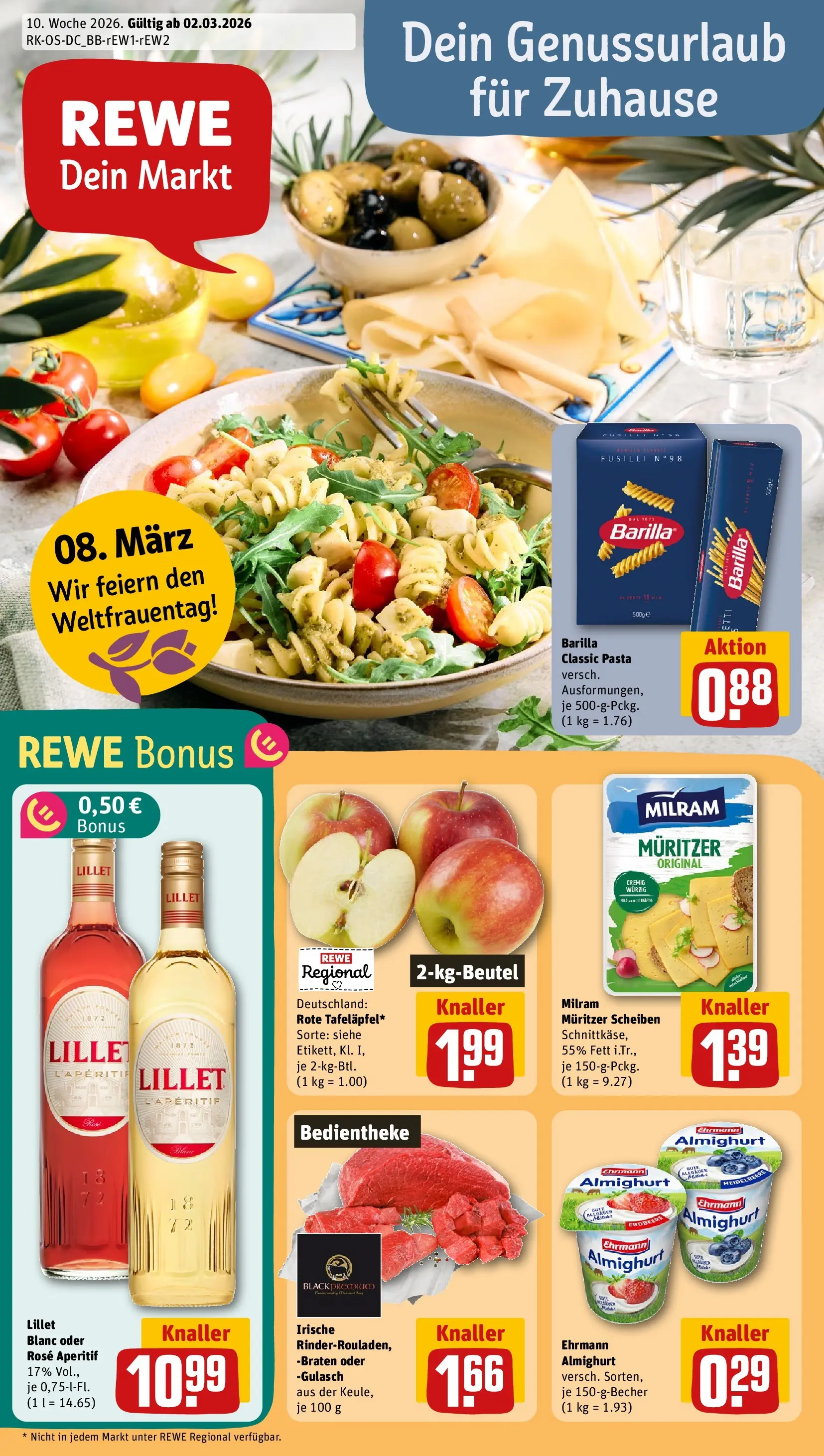 REWE Prospekt ab 02.03.2026 zum Blättern » Angebote | Seite: 1 | Produkte: Barilla, Lillet, Milram, Gulasch