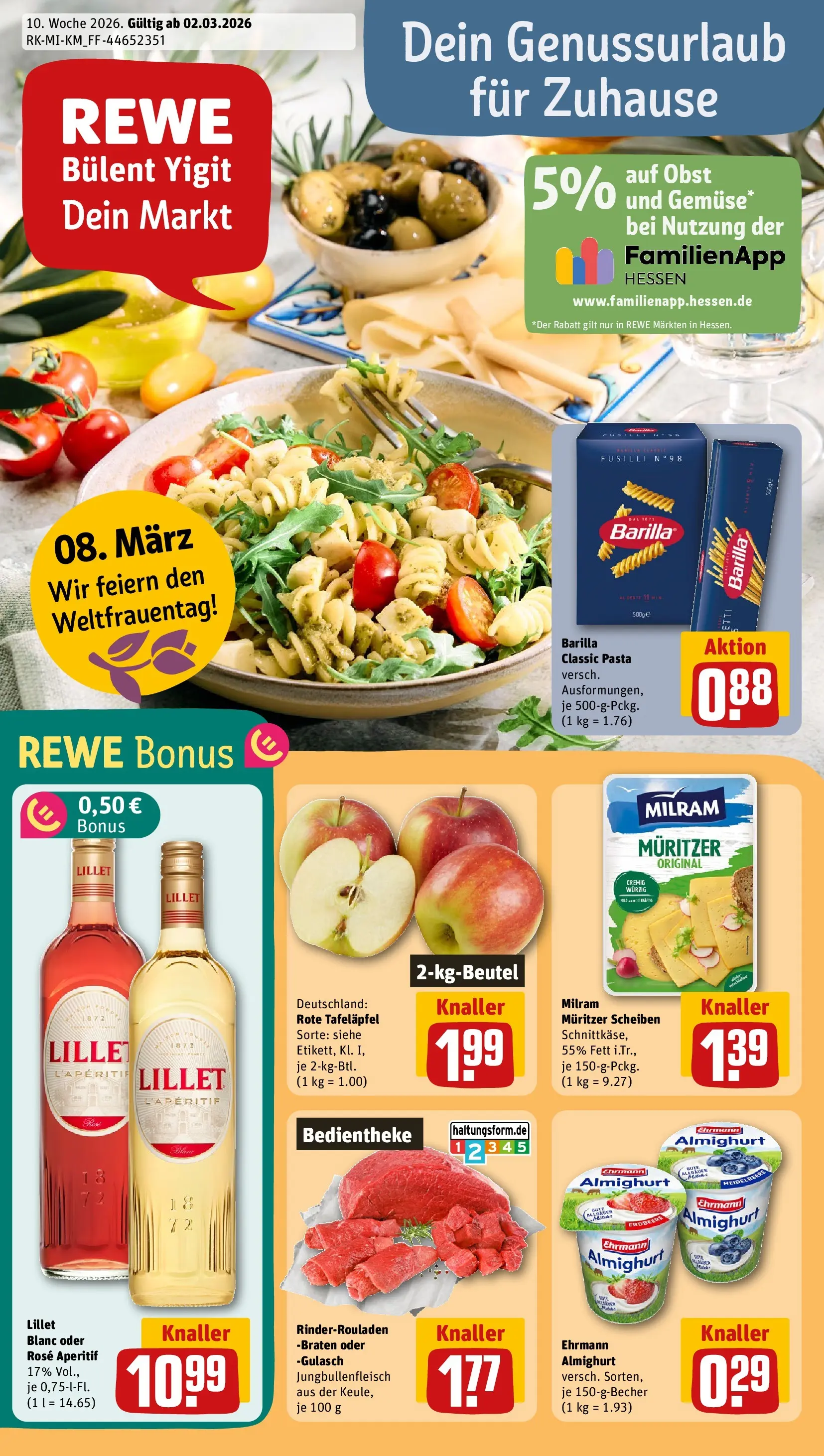 REWE Prospekt ab 02.03.2026 zum Blättern » Angebote | Seite: 1 | Produkte: Rinderrouladen, Lillet, Obst, Milram