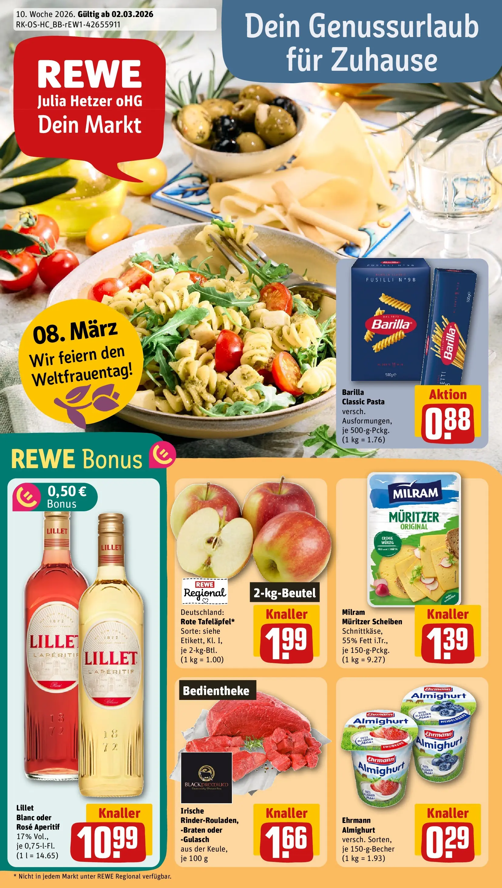 REWE Prospekt ab 02.03.2026 zum Blättern » Angebote | Seite: 1 | Produkte: Barilla, Milram, Gulasch, Pasta