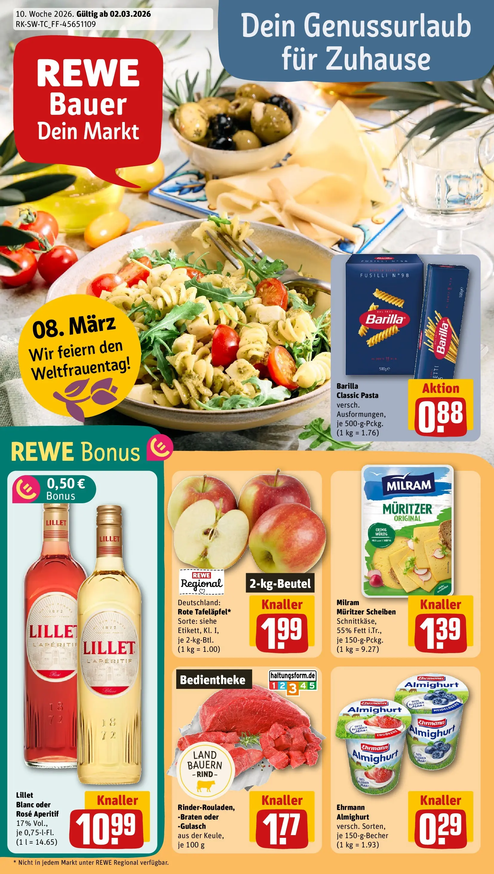 REWE Prospekt ab 02.03.2026 zum Blättern » Angebote | Seite: 1 | Produkte: Barilla, Lillet, Gulasch, Pasta