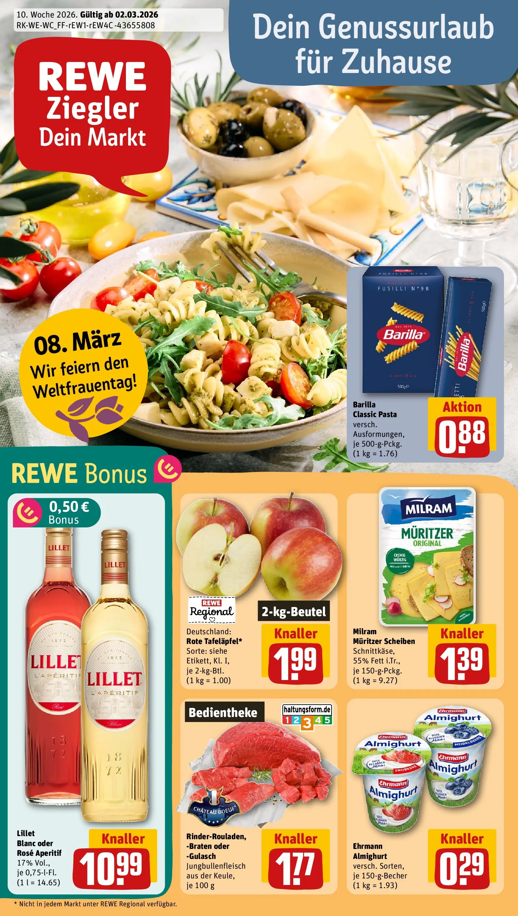 REWE Prospekt ab 02.03.2026 zum Blättern » Angebote | Seite: 1 | Produkte: Lillet, Milram, Gulasch, Pasta