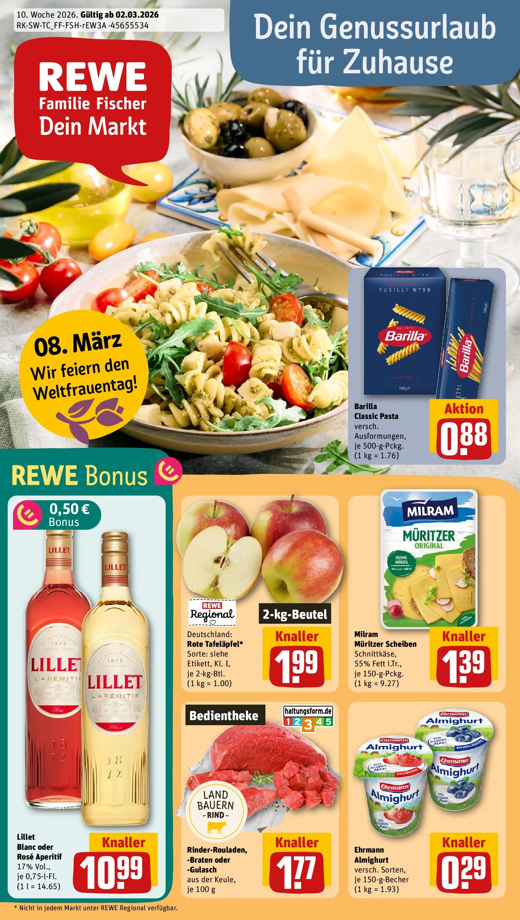 REWE Prospekt ab 02.03.2026 zum Blättern » Angebote | Seite: 1 | Produkte: Ehrmann almighurt, Lillet, Gulasch, Pasta