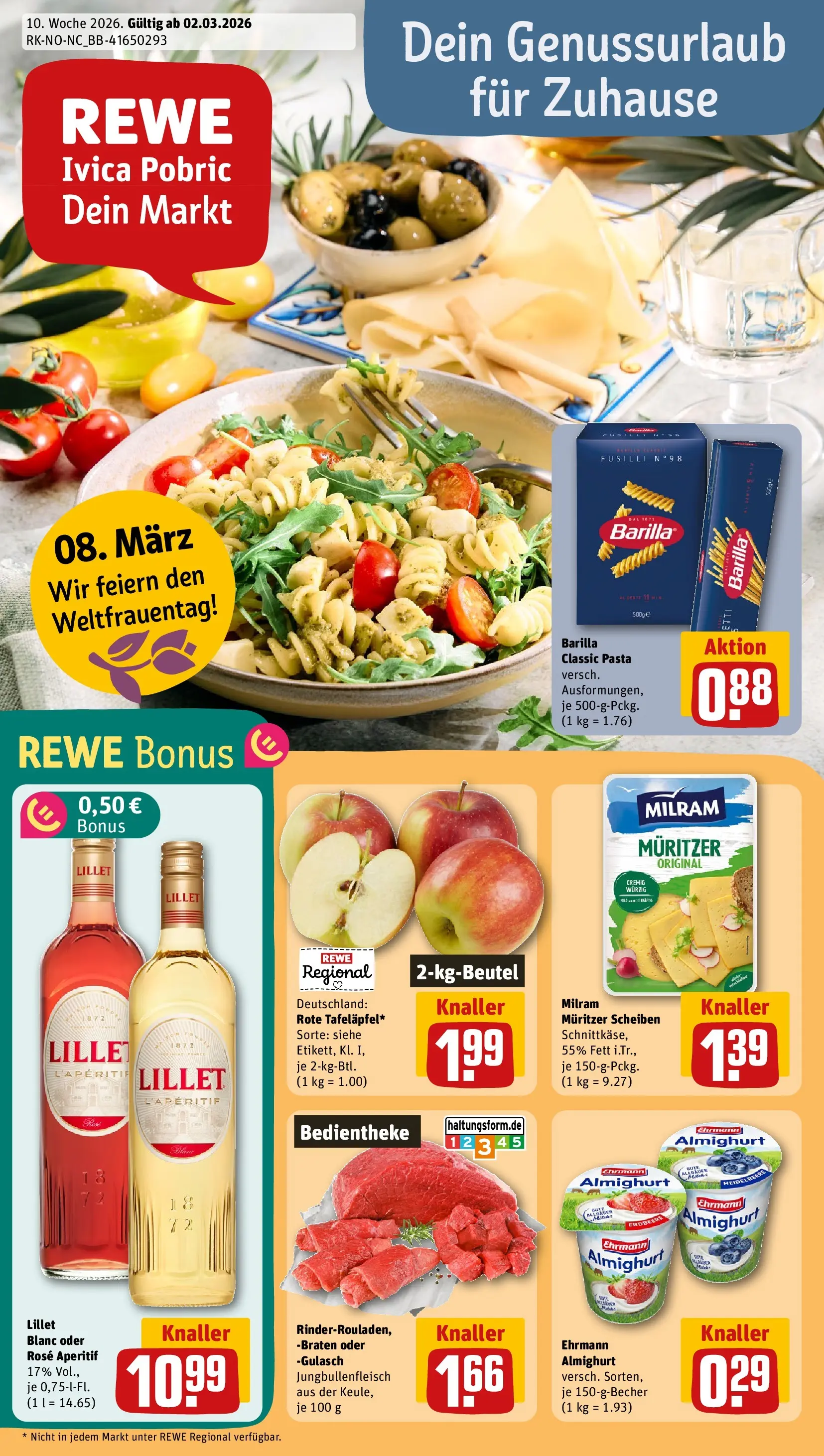 REWE Prospekt ab 02.03.2026 zum Blättern » Angebote | Seite: 1 | Produkte: Barilla, Lillet, Milram, Pasta