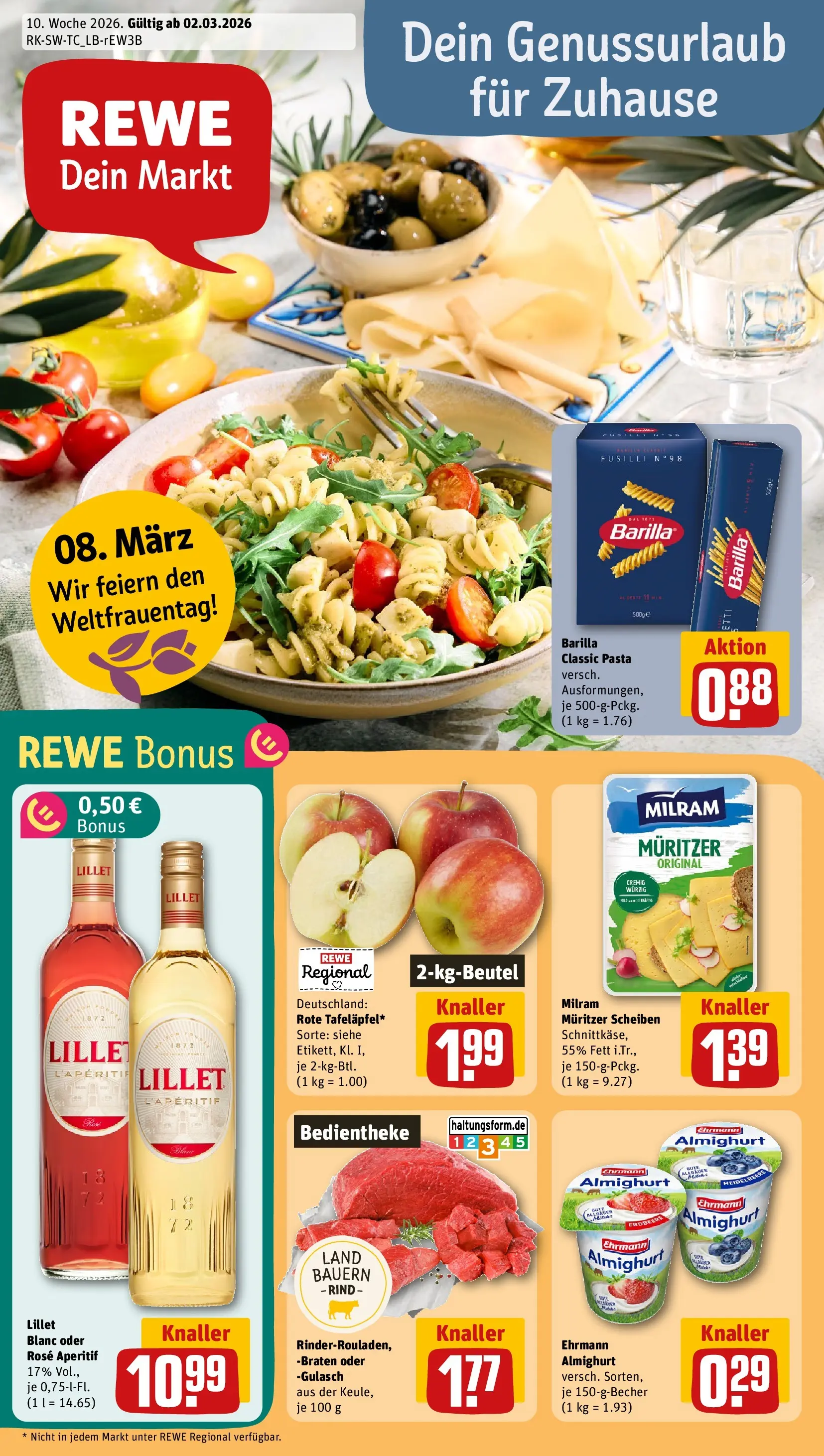 REWE Prospekt ab 02.03.2026 zum Blättern » Angebote | Seite: 1 | Produkte: Ehrmann almighurt, Barilla, Milram, Pasta