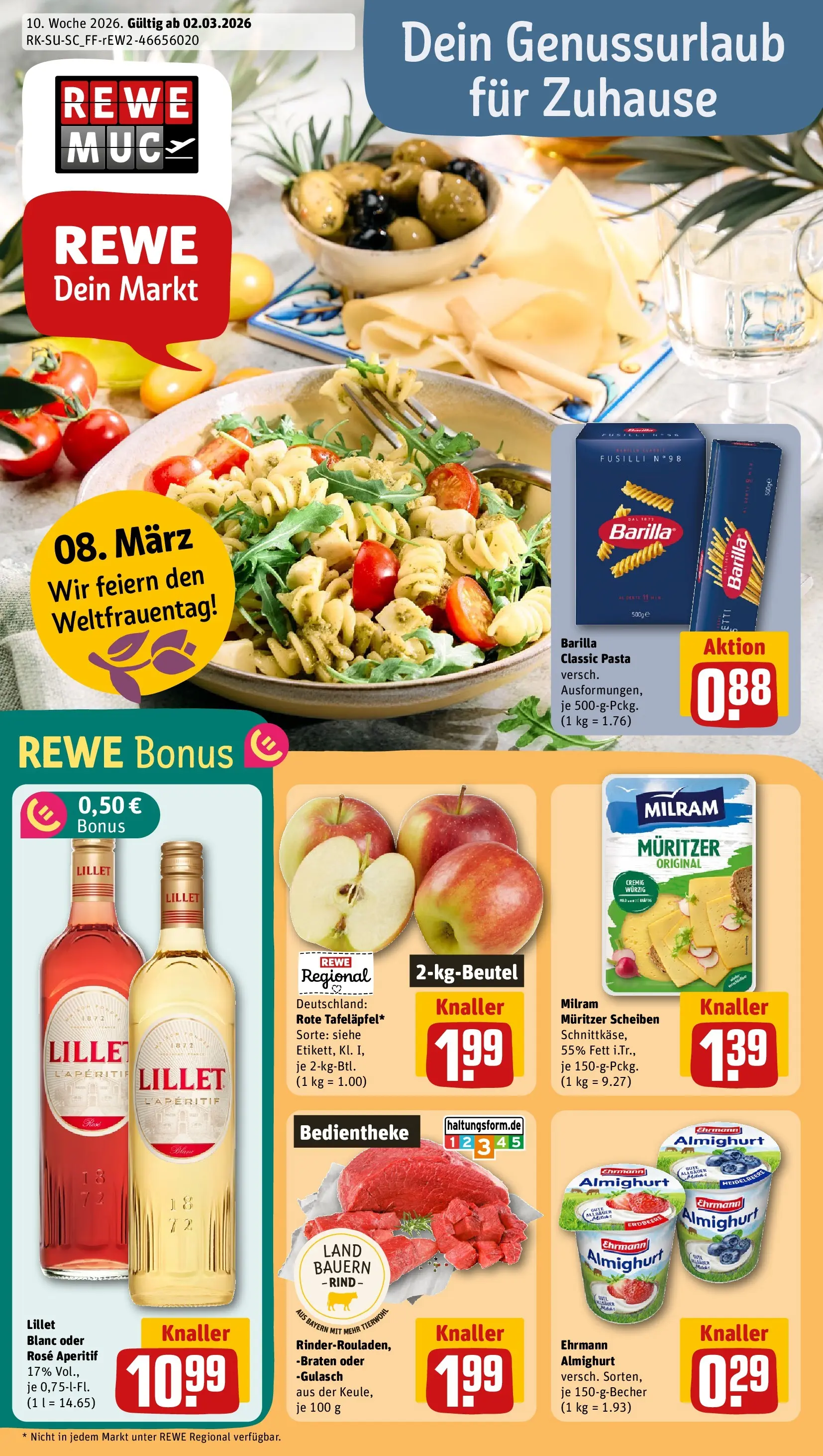 REWE Prospekt ab 02.03.2026 zum Blättern » Angebote | Seite: 1 | Produkte: Ehrmann almighurt, Barilla, Lillet, Gulasch